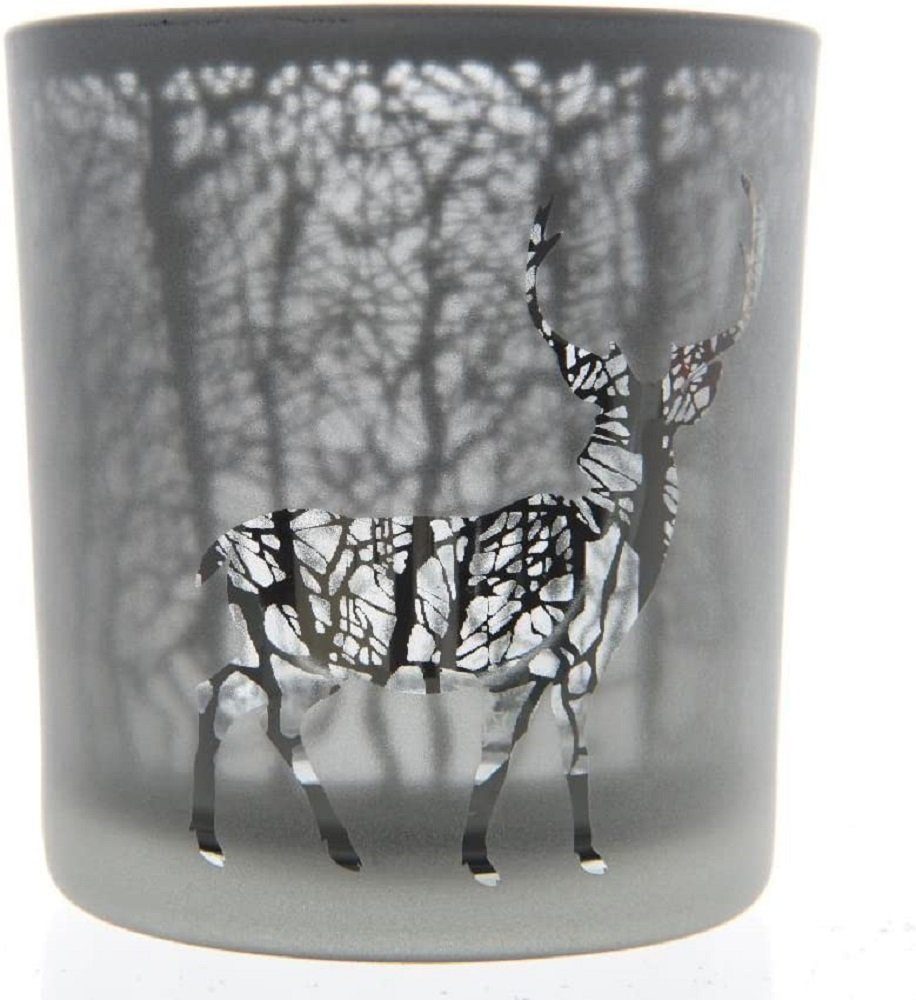 Teelichthalter Windlicht Laser Hirsch grau Ø 7,3 x 8 cm