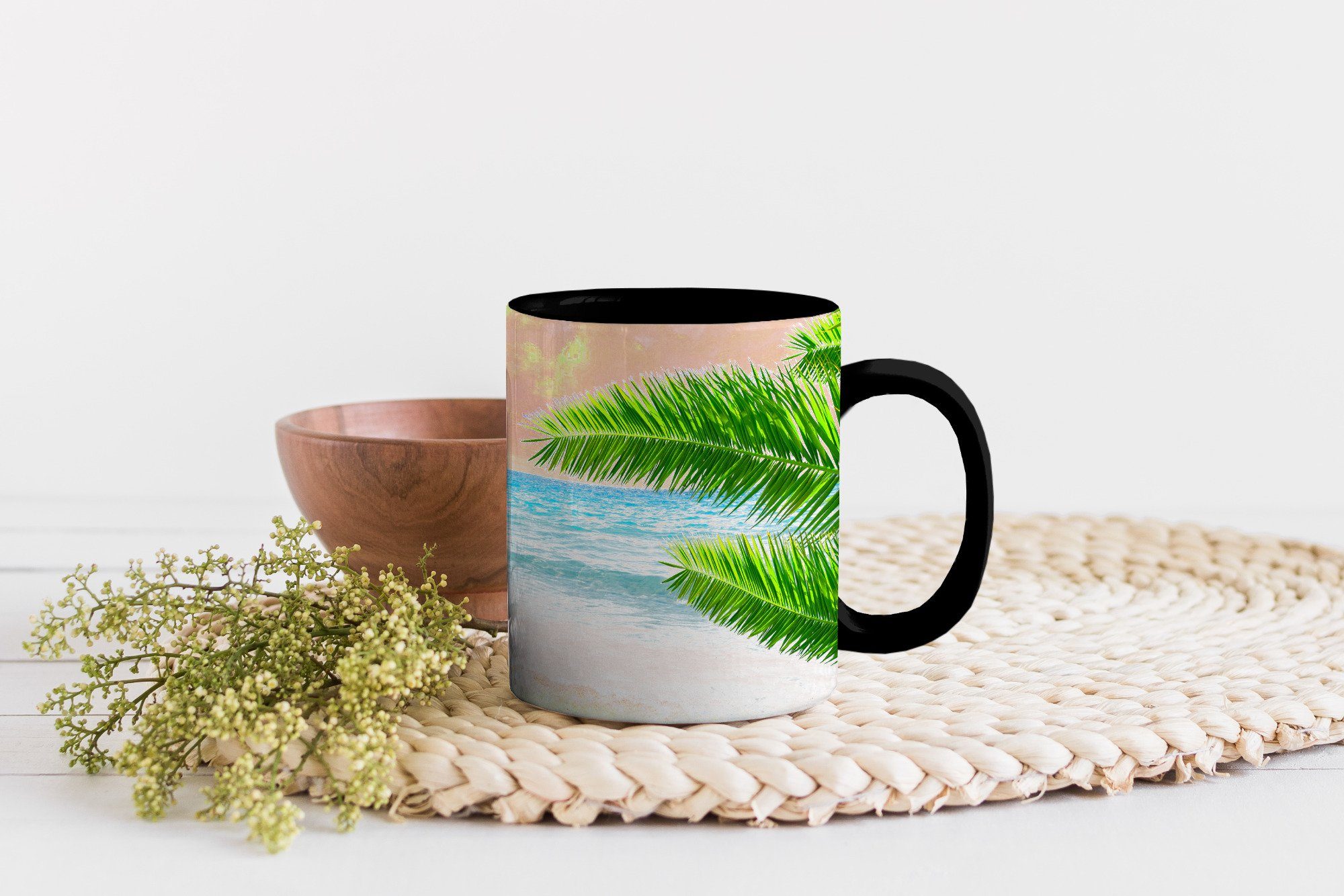 MuchoWow Tasse Teetasse, - Keramik, - Palme, Tropisch Kaffeetassen, Geschenk Strand Zaubertasse, Farbwechsel
