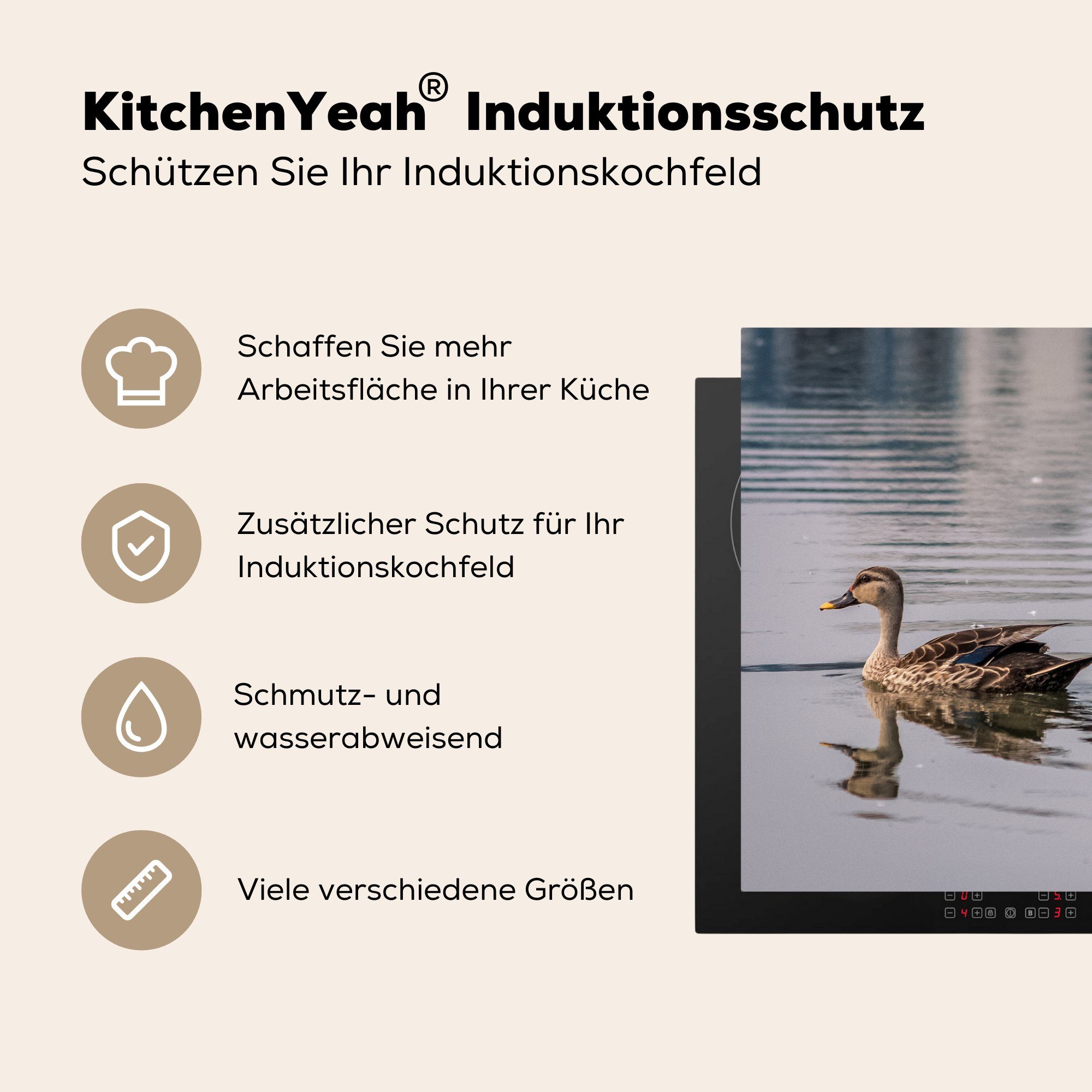 MuchoWow Herdblende-/Abdeckplatte Ente - Vinyl, Braun, küche Vogel - cm, für (1 Arbeitsplatte tlg), 81x52 Ceranfeldabdeckung, - Wasser