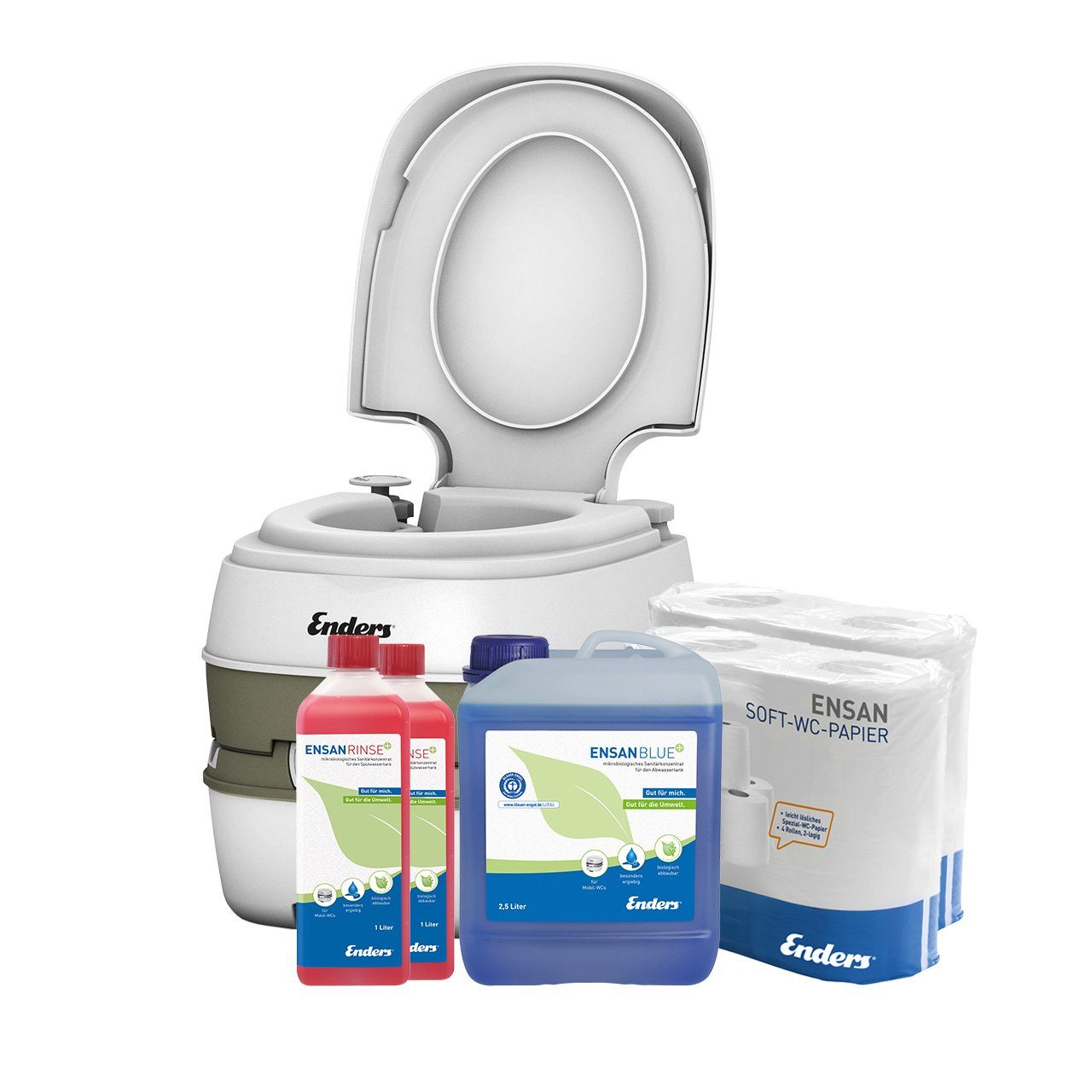 Enders® Campingtoilette SET Deluxe large+: Deluxe + 2xRinse+ 1L + Blue+ 2,5L + 2x WC-Papier, (Spar-Set, 2L Rinse+ + 2,5L Blue+ + 8 Rollen selbstauflösendesToilettenpapier), Kolbenpumpe, farbige Füllstandsanzeige, integrierte Transportrolle