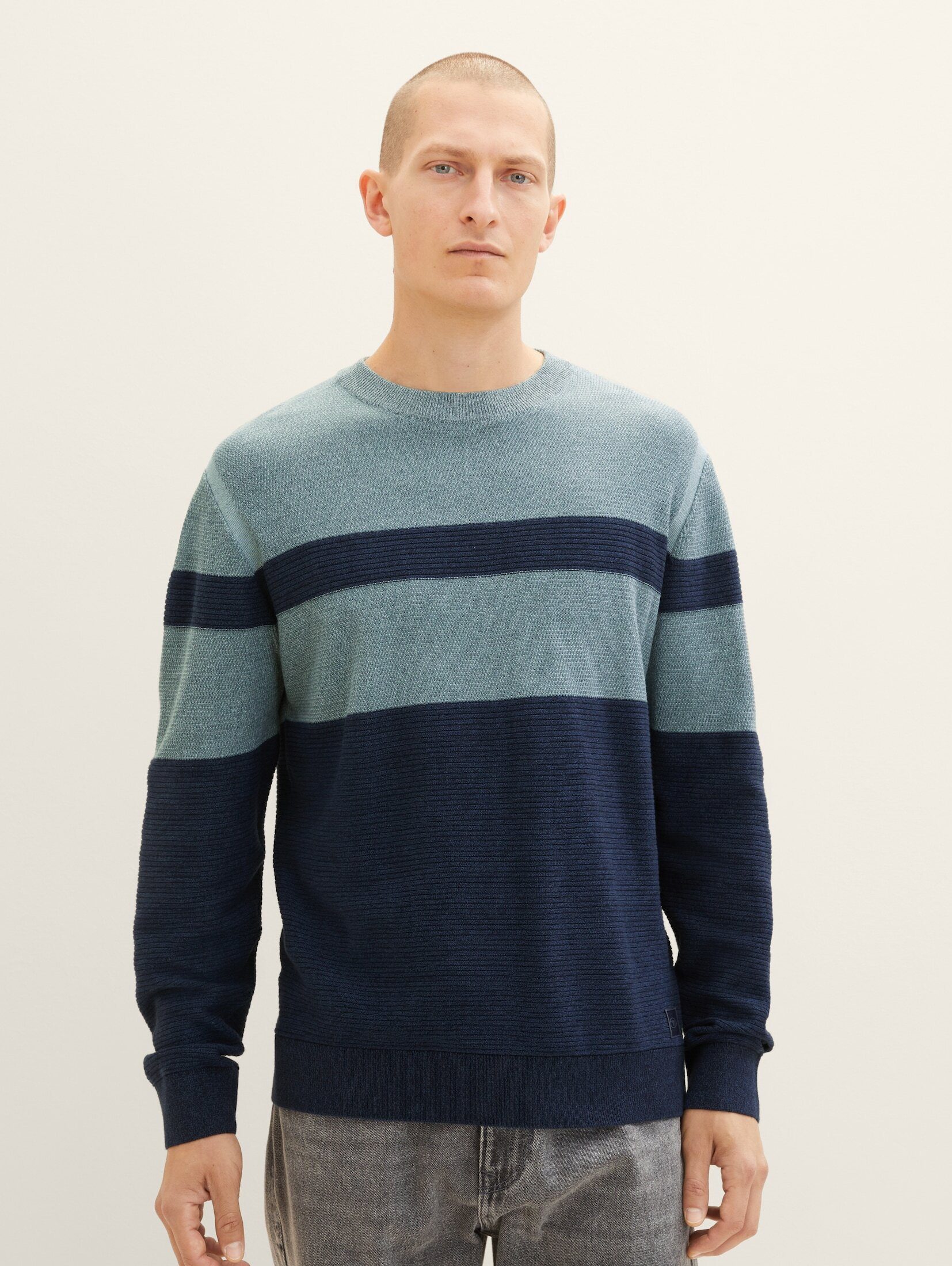 TOM TAILOR Strickpullover Strickpullover mit Materialmix teal navy multi structure