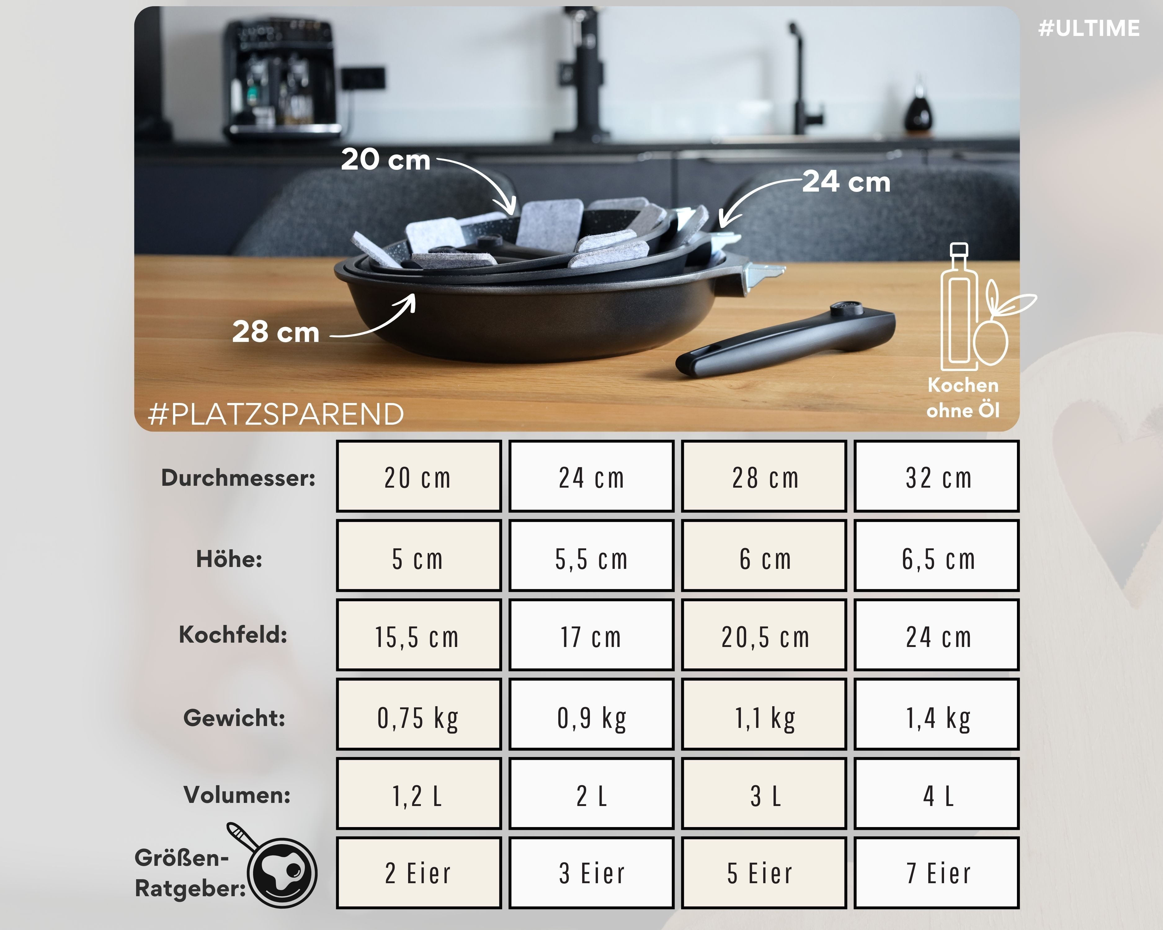 divory Pfannen-Set 3-tlg., Antihaftbeschichtung, abnehmbarer Griff, alle Herdarten, Aluminium, Induktion, abnehmbarer Griff