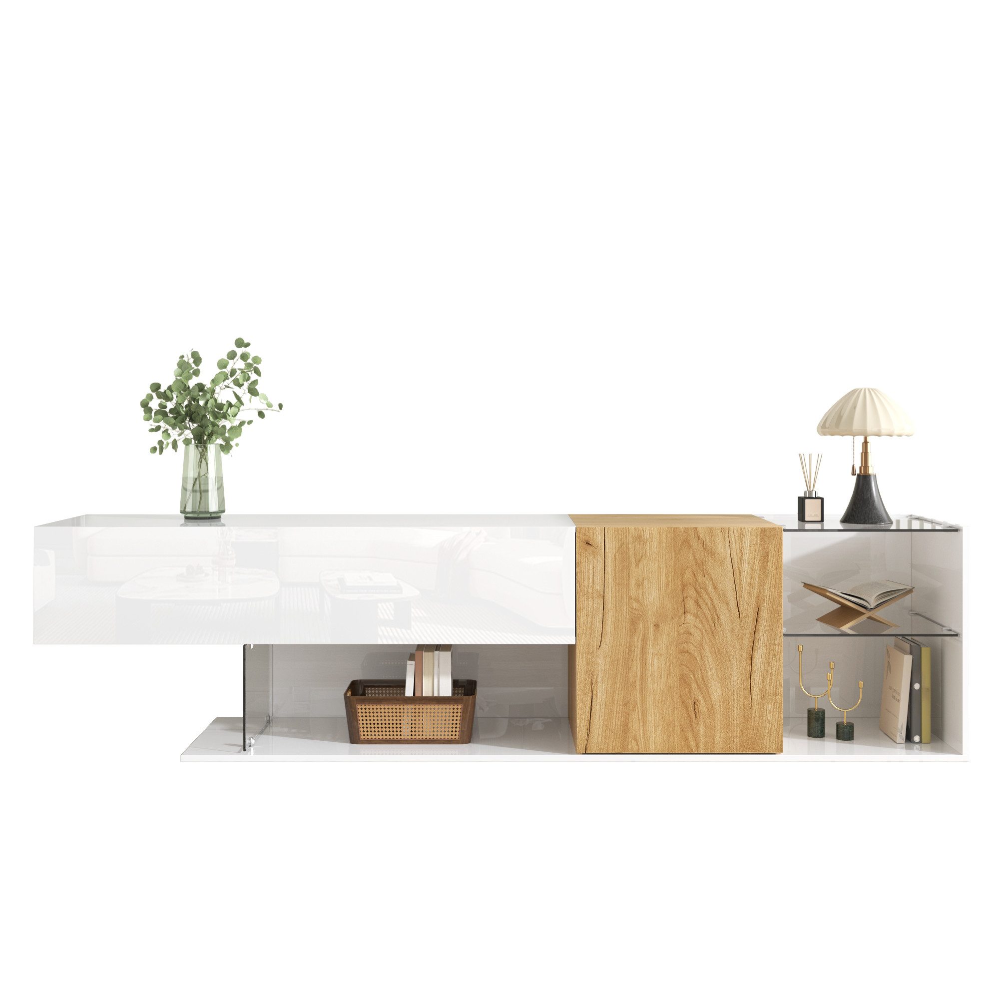 KLAM HOME Lowboard TV-Kommode Hochglanzweiß: Mit Holzoptik & Glasregalen (1 günstig online kaufen