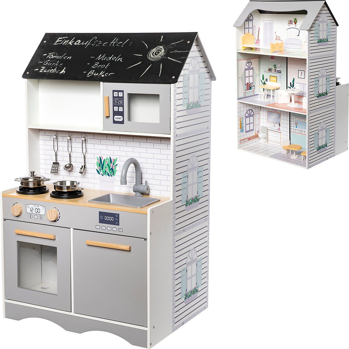 myToys ORIGINALS Puppenhaus 2 in 1 Puppenhaus mit Spielküche
