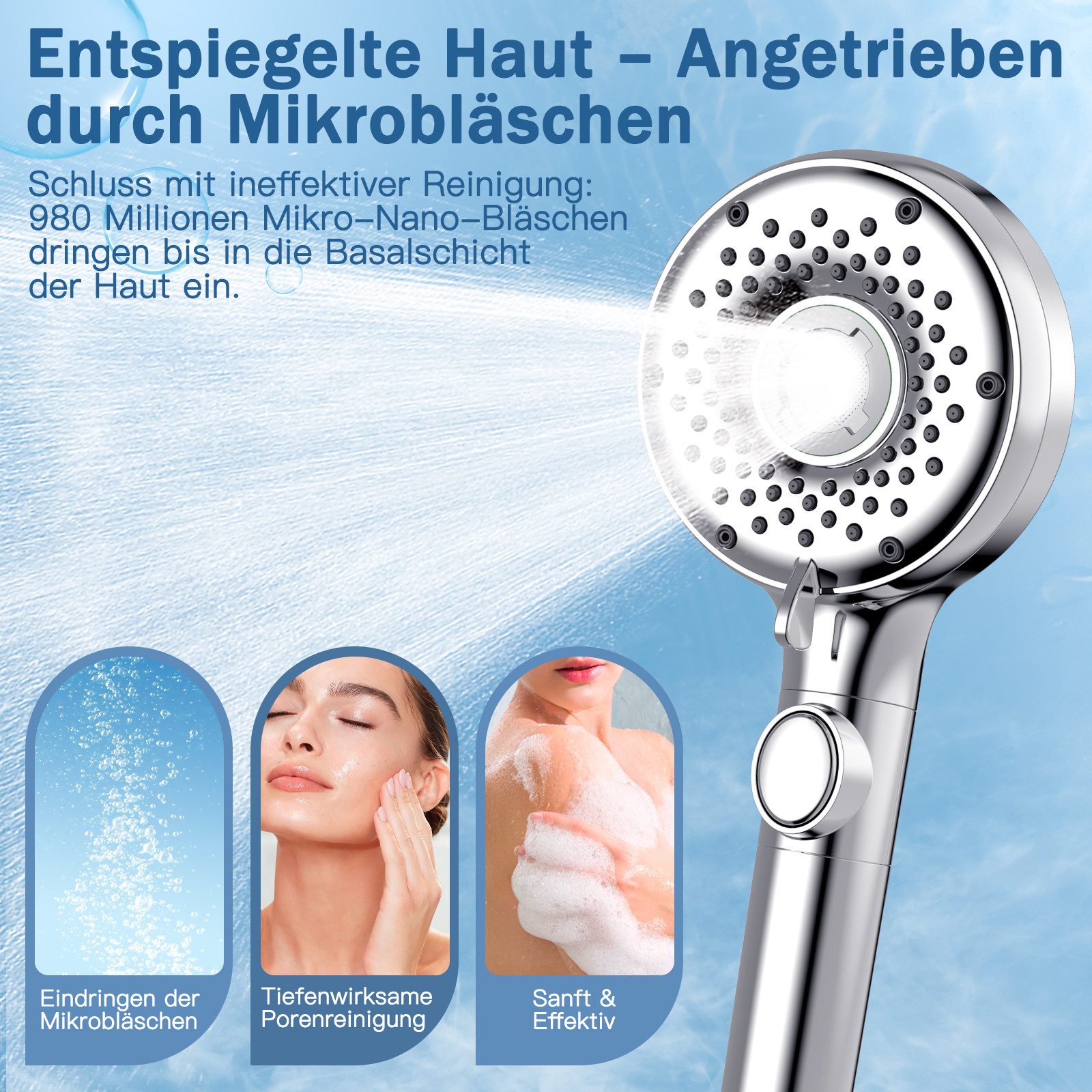 Elegear Handbrause handheld showers brausekopf handbrause duschkopf wassersparend, (1-tlg), Wasserstopp mit einem Klick Mikro-Nano-Blasen wassersparend 5 Stufen