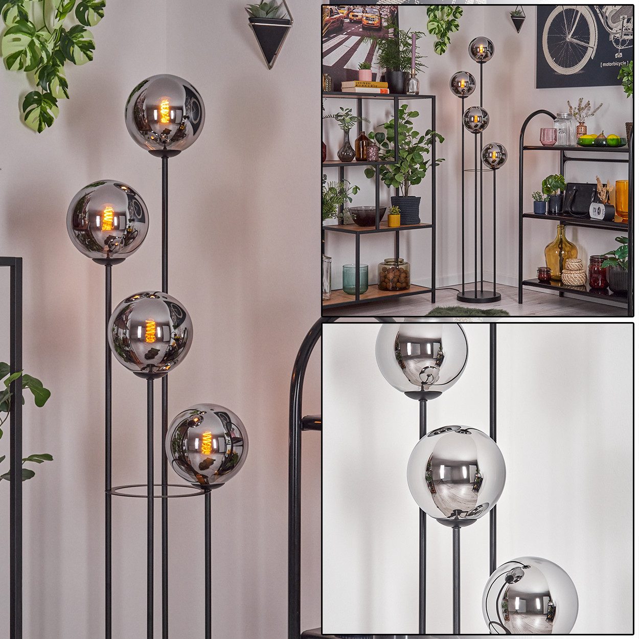 Stehlampe Stehlampe aus Metall/Glas in Schwarz/Chrom/Rauch mit Fußschalter