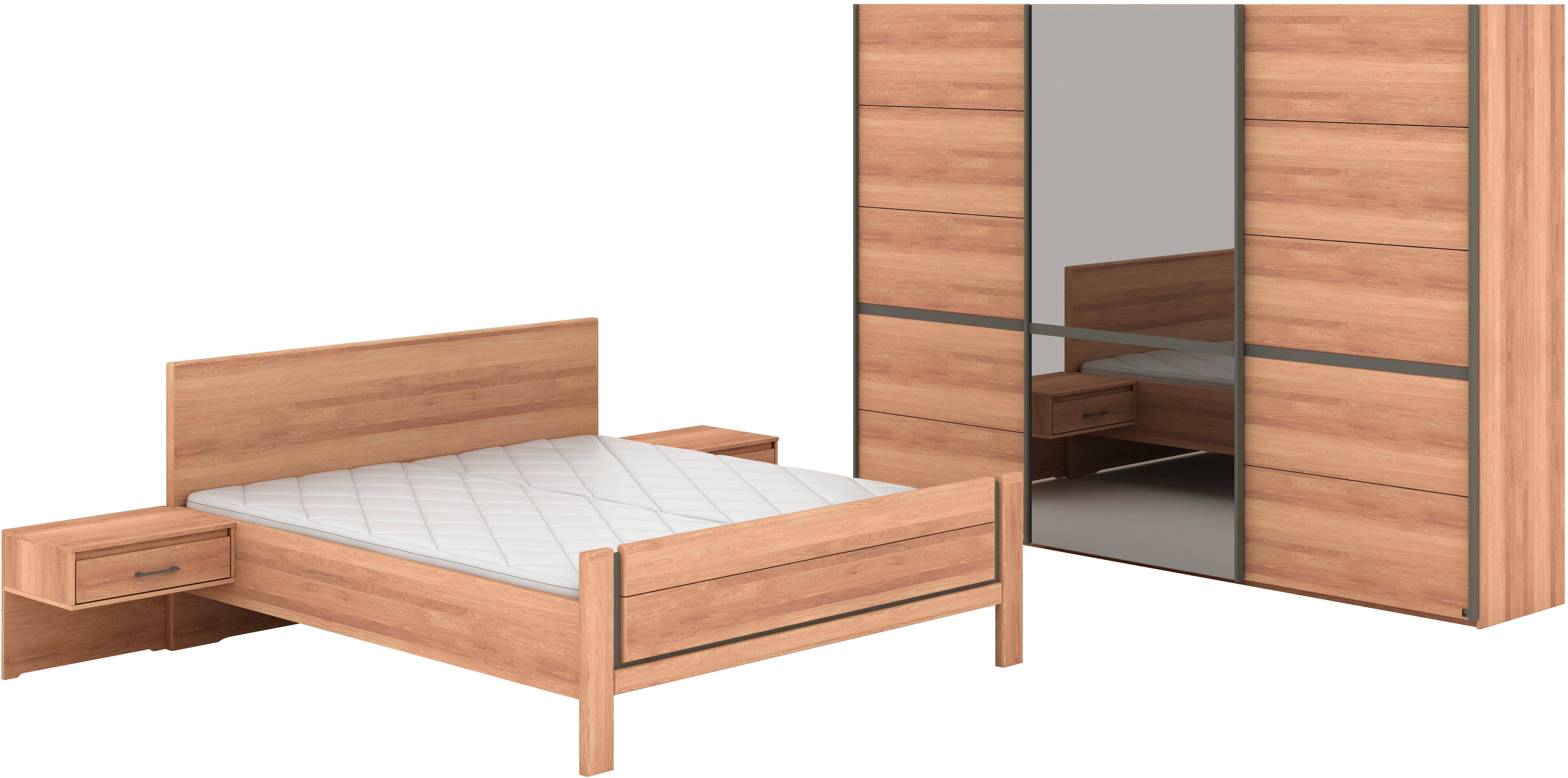 Musterring Schlafzimmer-Set Sorrent, Kleiderschrank, Bett & Nachtkommoden, teilmassiv Eiche, (2er-Set Nachtschränke, Schwebetürenschrank 300 cm, Bett 180x200 cm), mit Schwebetürenschrank, Bett mit Stollenfuß, Breite Schrank 300 cm