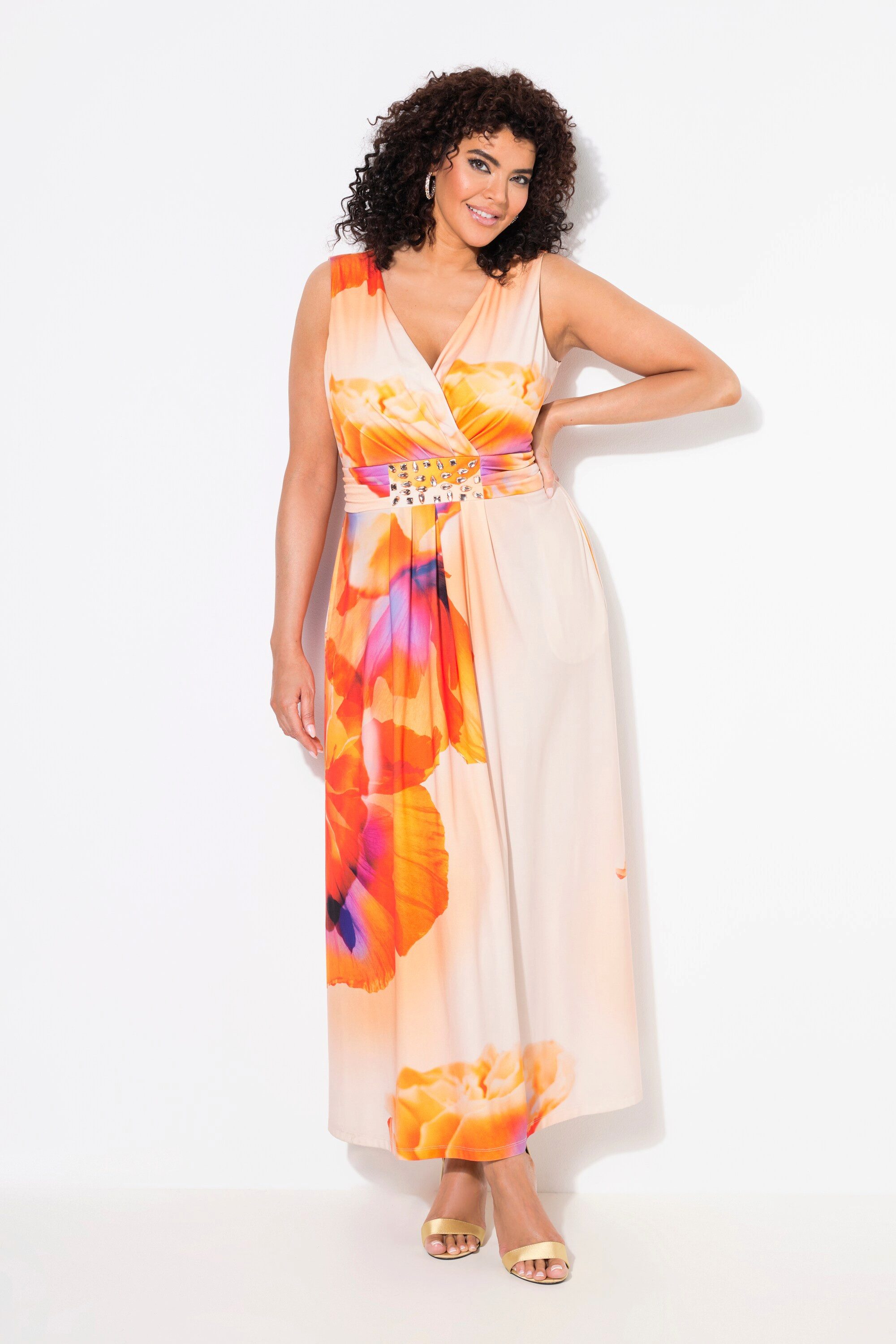 Ulla Popken Cocktailkleid Maxikleid Blüten V-Ausschnitt günstig online kaufen
