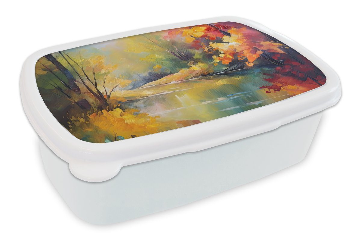 MuchoWow Lunchbox Landschaft - Ölgemälde - Fluss - Farbenfroh, Kunststoff, (2-tlg), Brotbox für Kinder und Erwachsene, Brotdose, für Jungs und Mädchen weiß