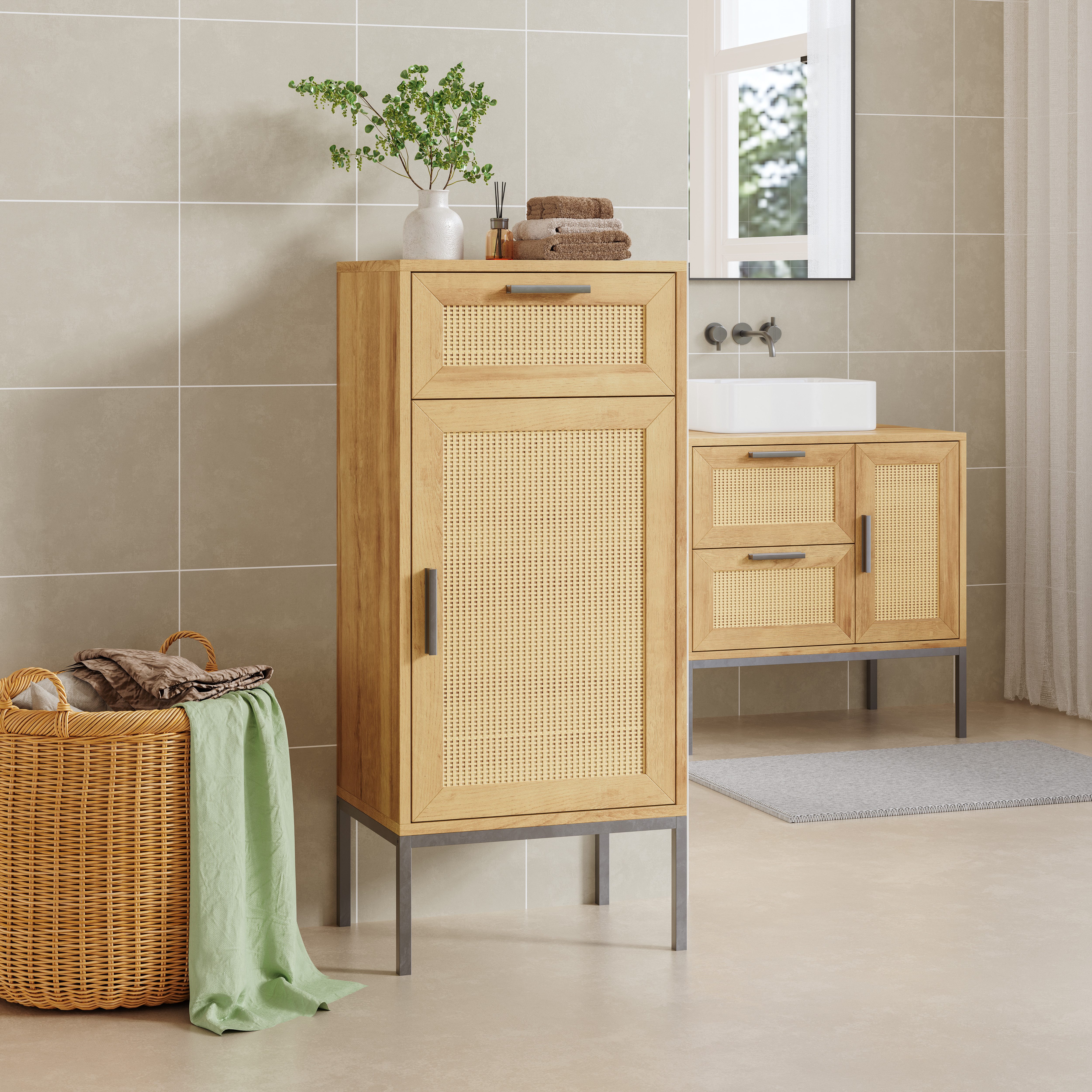 en.casa Midischrank »Marhasa« mit Tür und Schublade 92x40x30 cm Eicheoptik/Schwarz