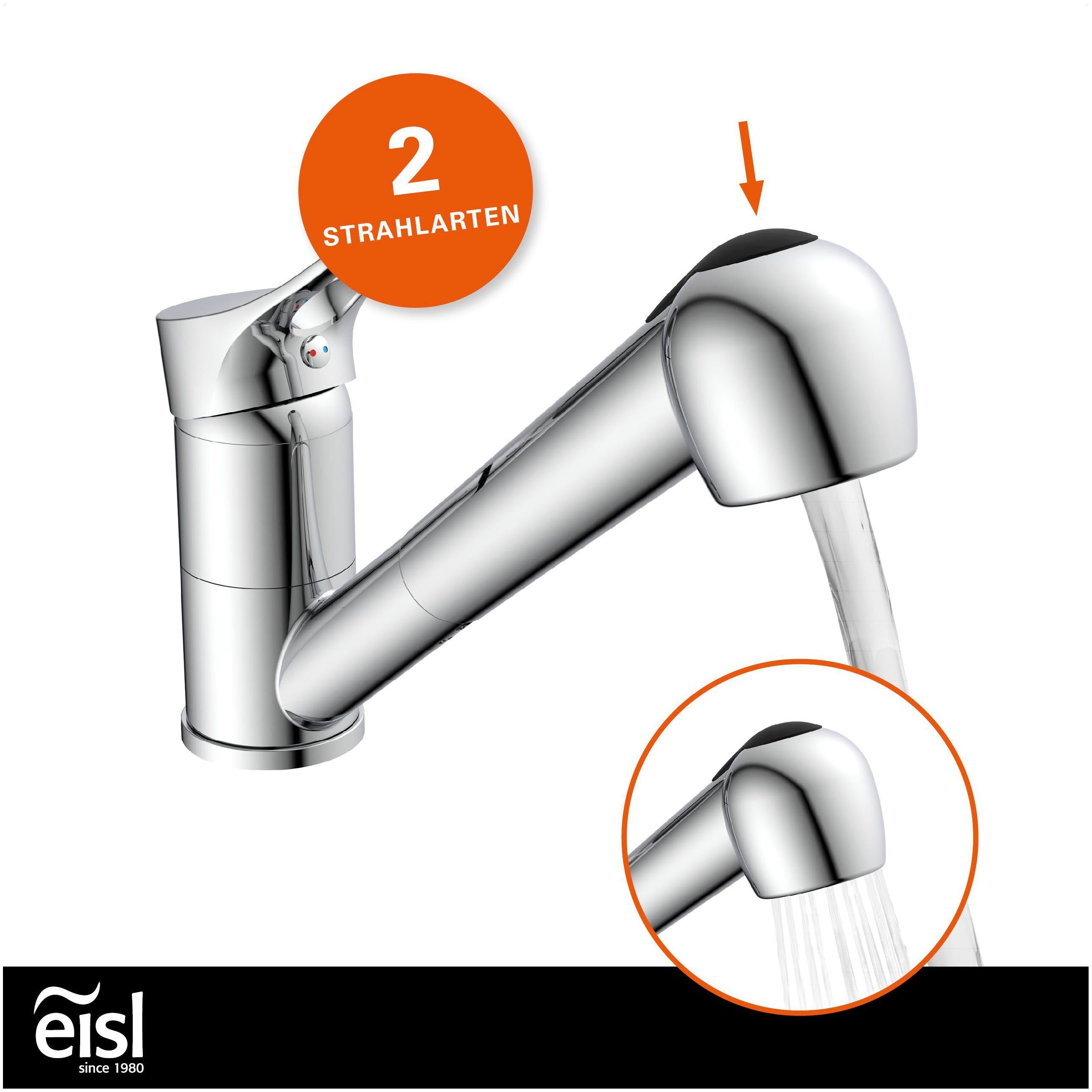 Chrom Wasserhahn mit Eisl Spültischarmatur Verona schwenkbar, 360° ausziehbar, Geschirrbrause,