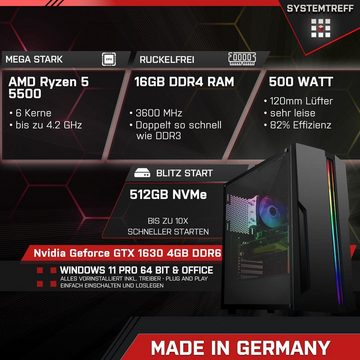 SYSTEMTREFF Basic Gaming-PC (AMD Ryzen 5 5500, GTX 1630, 16 GB RAM, 512 GB SSD, Luftkühlung, Windows 11, WLAN)