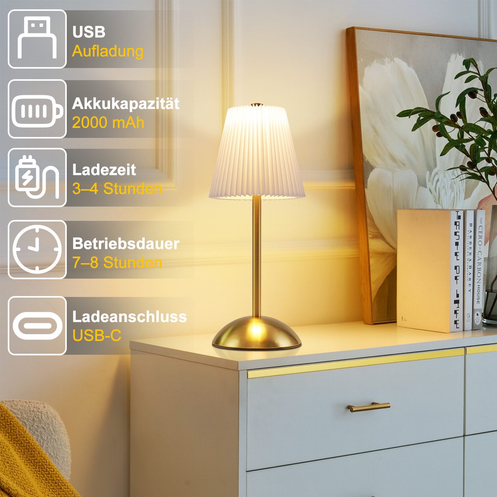 ZMH LED Tischleuchte 2er Set Akku Touch Nachttischlampe - Dimmbar 3 Farbtemperature mit USB, 3000-6500K