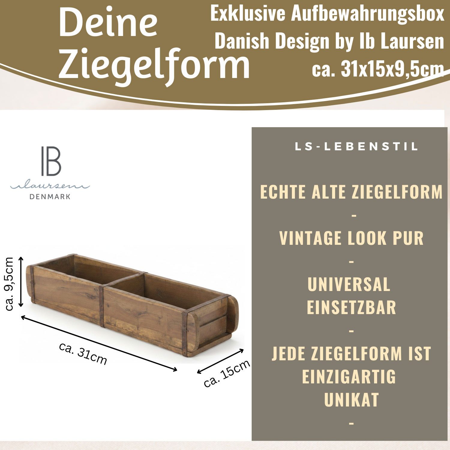 LS-LebenStil Kiste IB Laursen XL Holz Ziegelform 57cm Unika Braun 2-fach Aufbewahrungsbox (echte alte Backsteinform, 1 St., Original Unika - Rustikal - Holzbox Holzkiste Holzkasten Pflanzkübel), Ordnungsbox doppelt Allzweckkiste Aufbewahrungskiste