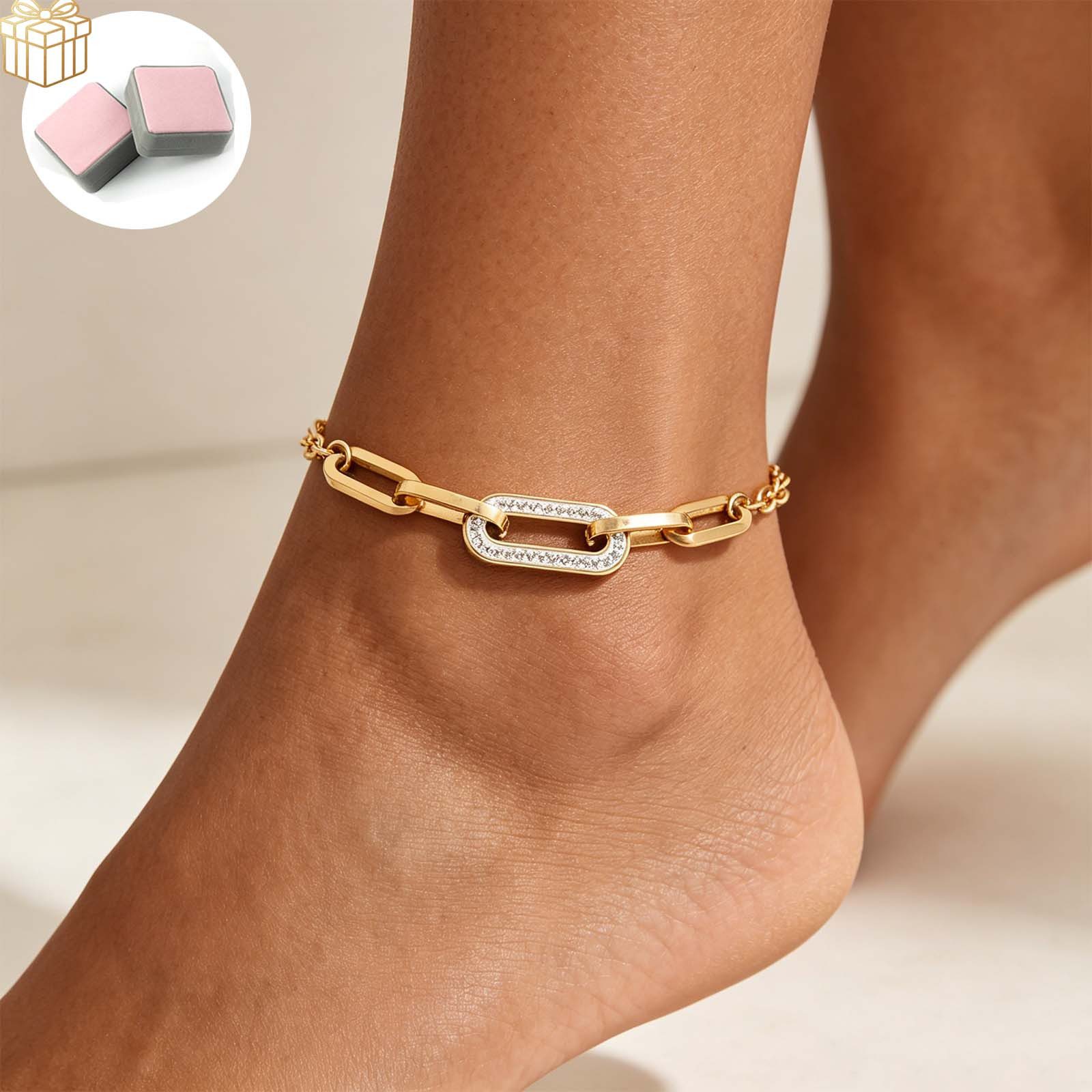 MOPUEA Schmuckset 2-teiliges Schmuckset Damen Armband Fußkette Goldfarben (Schmuckset, Armband und Fußkette im passenden Ketten-Design), Verstellbar, goldfarbene Optik, Geschenkbox inklusive