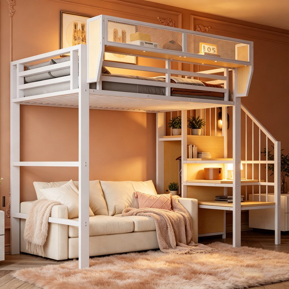 MODFU Hochbett Funktionsbett Kinderbett (90x200 cm mit Regal & Sicherheitsleiter, Platzsparendes Metallbett, für Kinder, Jugendliche & kleine Wohnungen) ohne Matratze