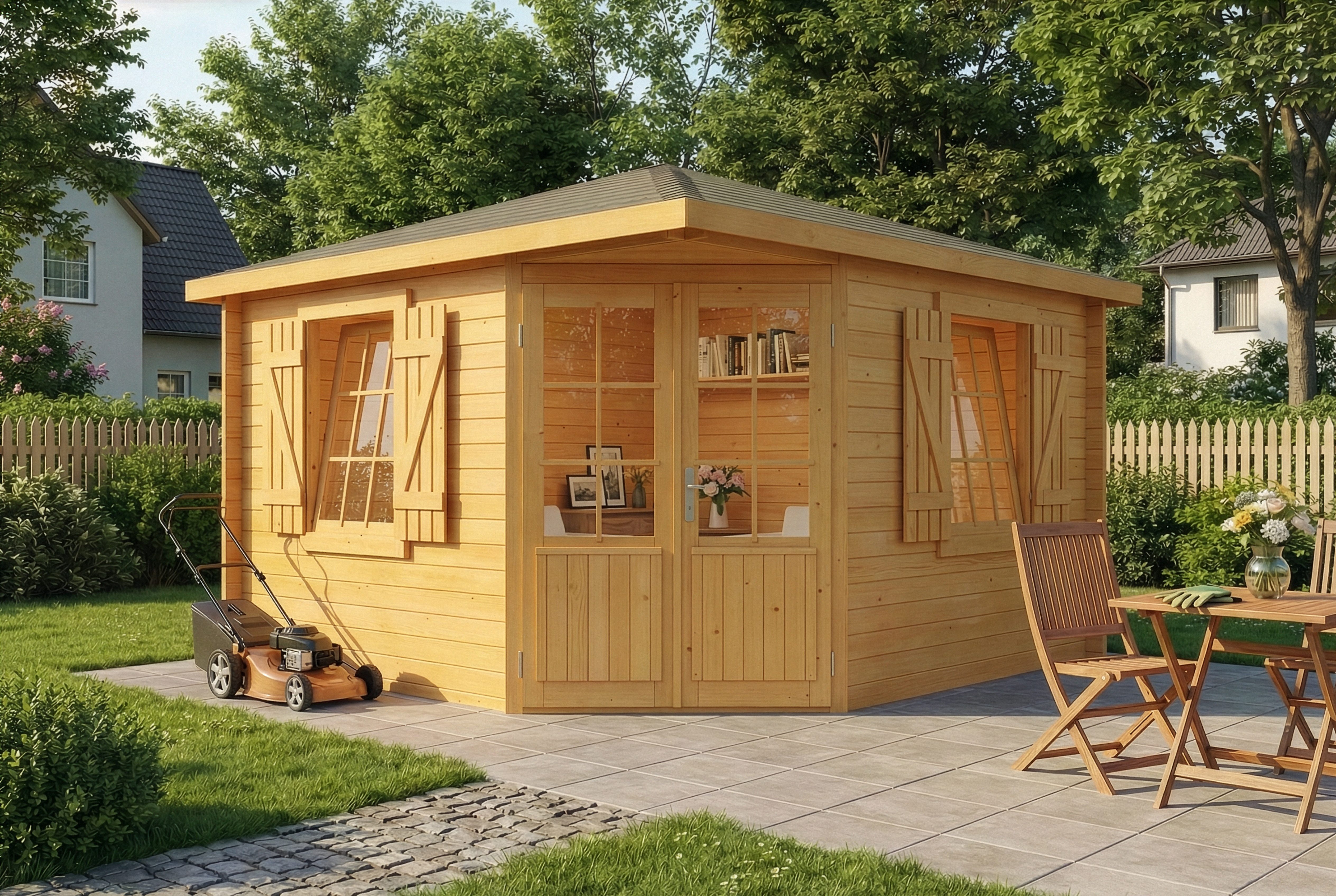 Alpholz Gartenhaus Holz 5-Eck Monica Royal, BxT: 368x368 cm, in Imprägniert (Pinie) mit 28mm Wandstärke