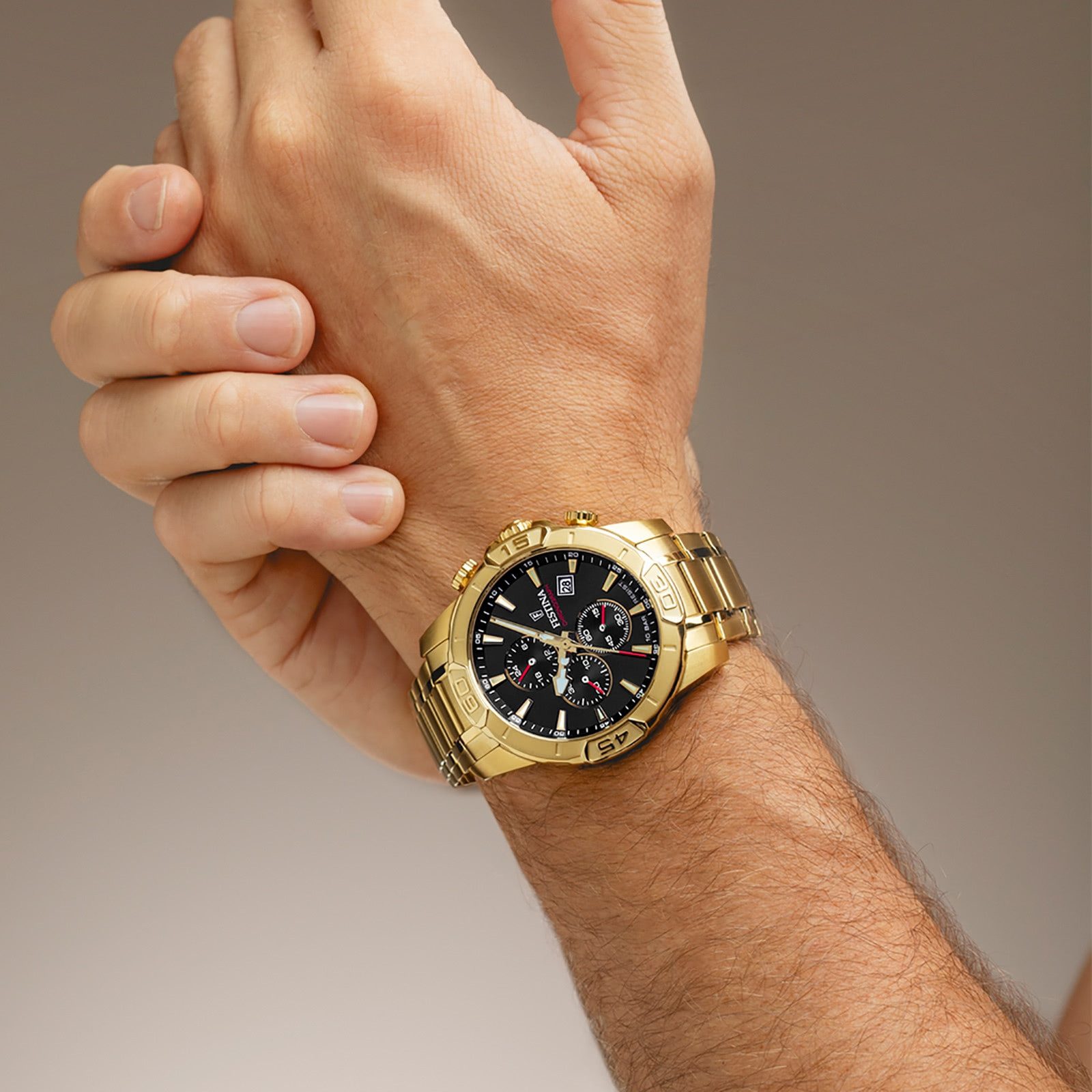 Festina Quarzuhr Festina Herrenuhr Timeless Chronograph, (Chronograph), Herren Armbanduhr rund, Edelstahlarmband gold, Elegant
