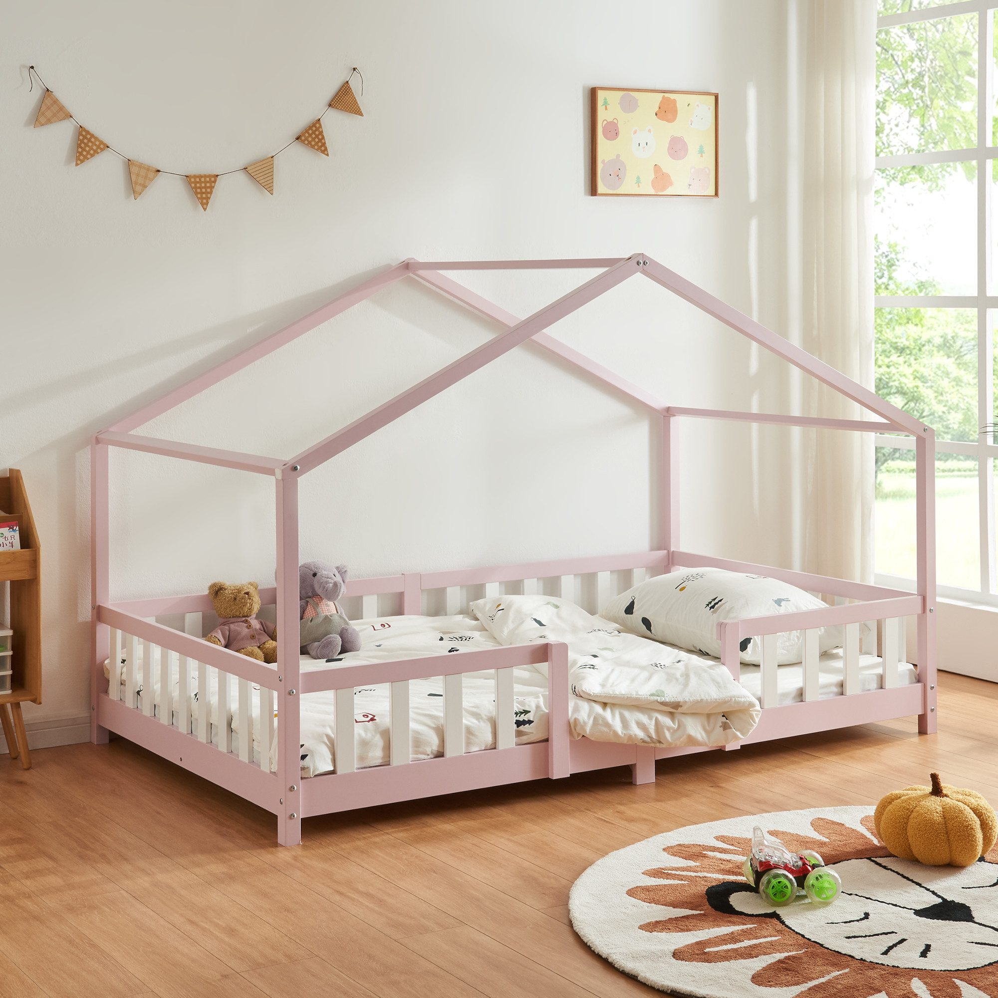 en.casa Kinderbett, »Treviolo« Haus-Optik Montessori 140x200 cm Rosa/Weiß günstig online kaufen