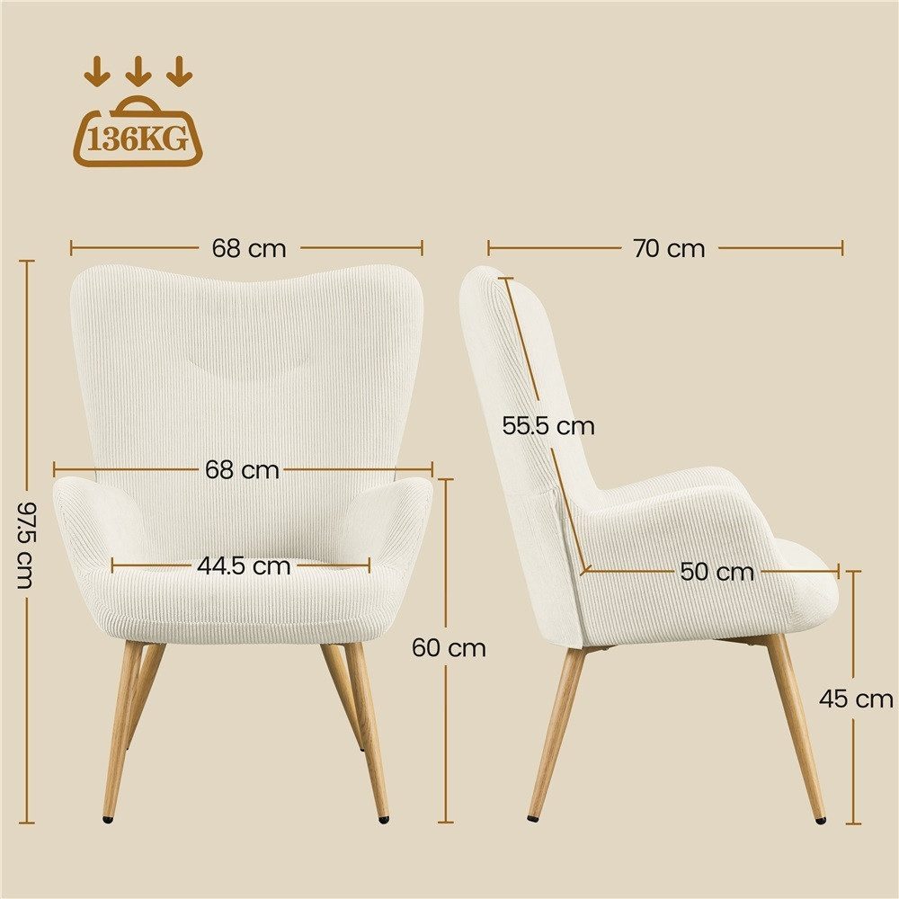Yaheetech Loungesessel Ohrensessel aus Cordstoff, Eleganter Relaxsessel für Wohnzimmer