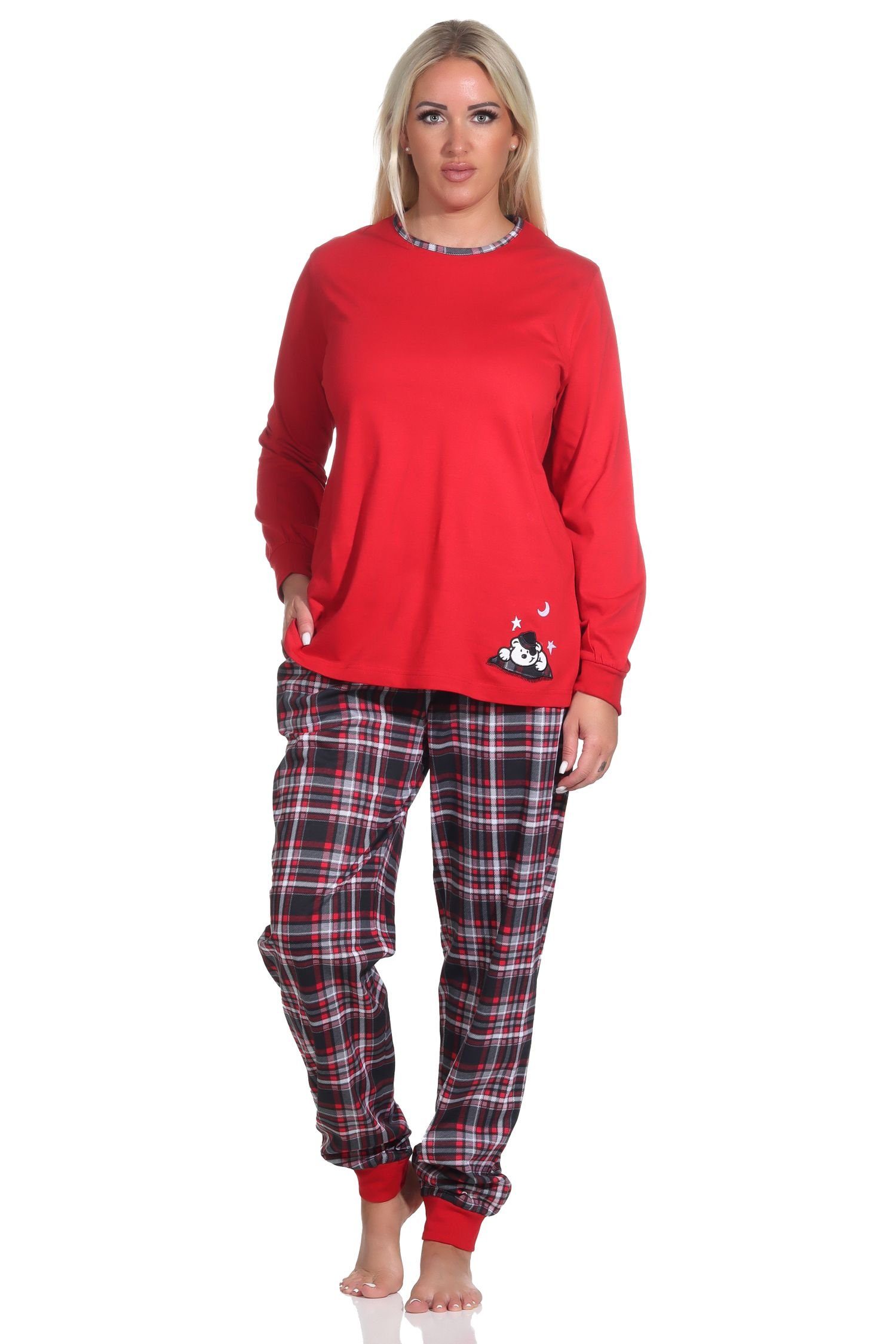 Normann Pyjama Damen Schlafanzug mit Bündchen mit Karohose und süßem Tiermotiv rot