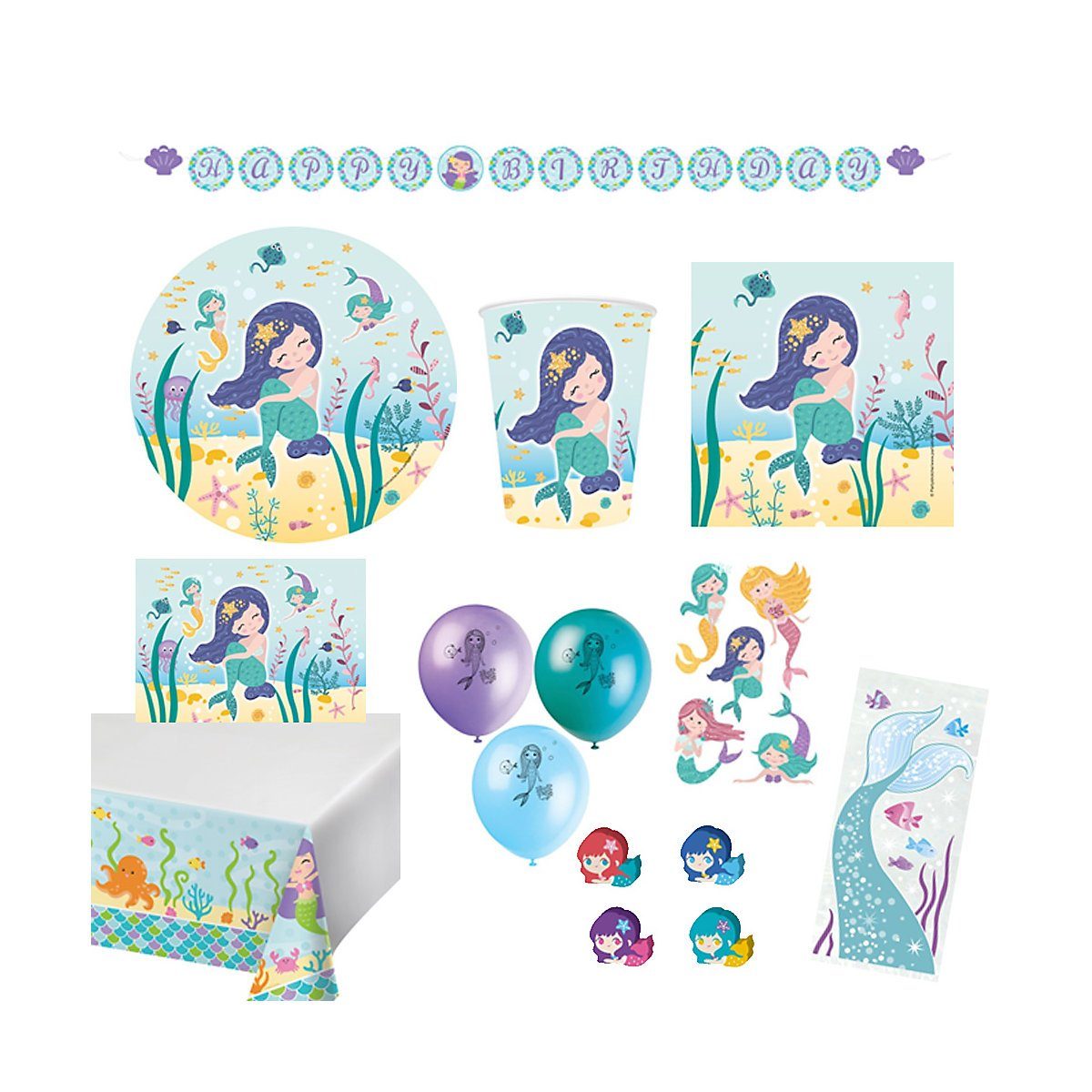 Partystrolche Einweggeschirr-Set XXL Partyset Kleine Meerjungfrau 90 tlg, Kindergeburtstag Nixe, 8 Personen