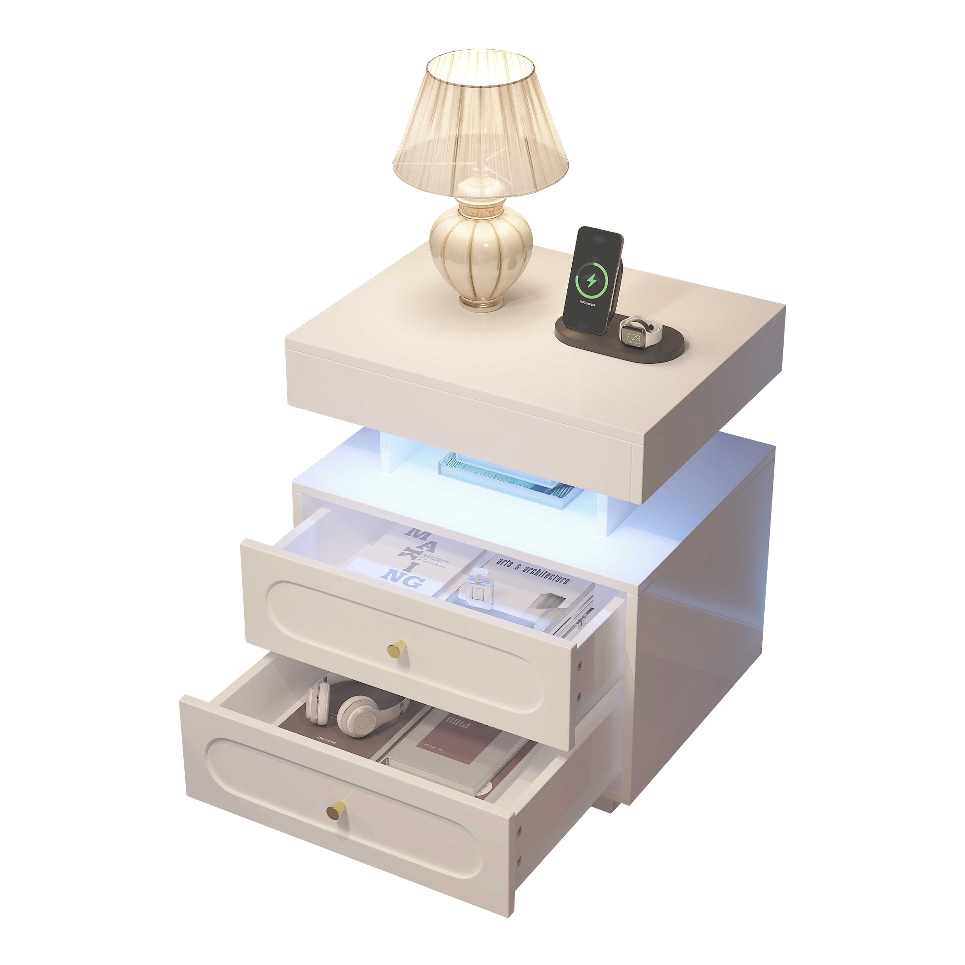BlingBin Nachttisch LED Nachttisch Nachtschrank mit 2 Schubladen, 1 offener Lagerraum (1-St., großer Schublade und Kippsicherung, 50x40x60 cm, aus Spanplatte), Weiß, modernes Design, pflegeleicht und stabil
