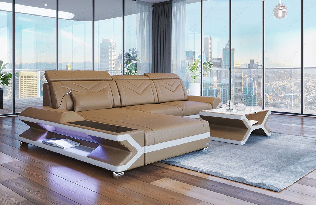 Sofa Dreams Ecksofa Ledercouch Ledersofa Napoli L Form Leder Sofa, Couch, mit LED, wahlweise mit Bettfunktion als Schlafsofa, Designersofa