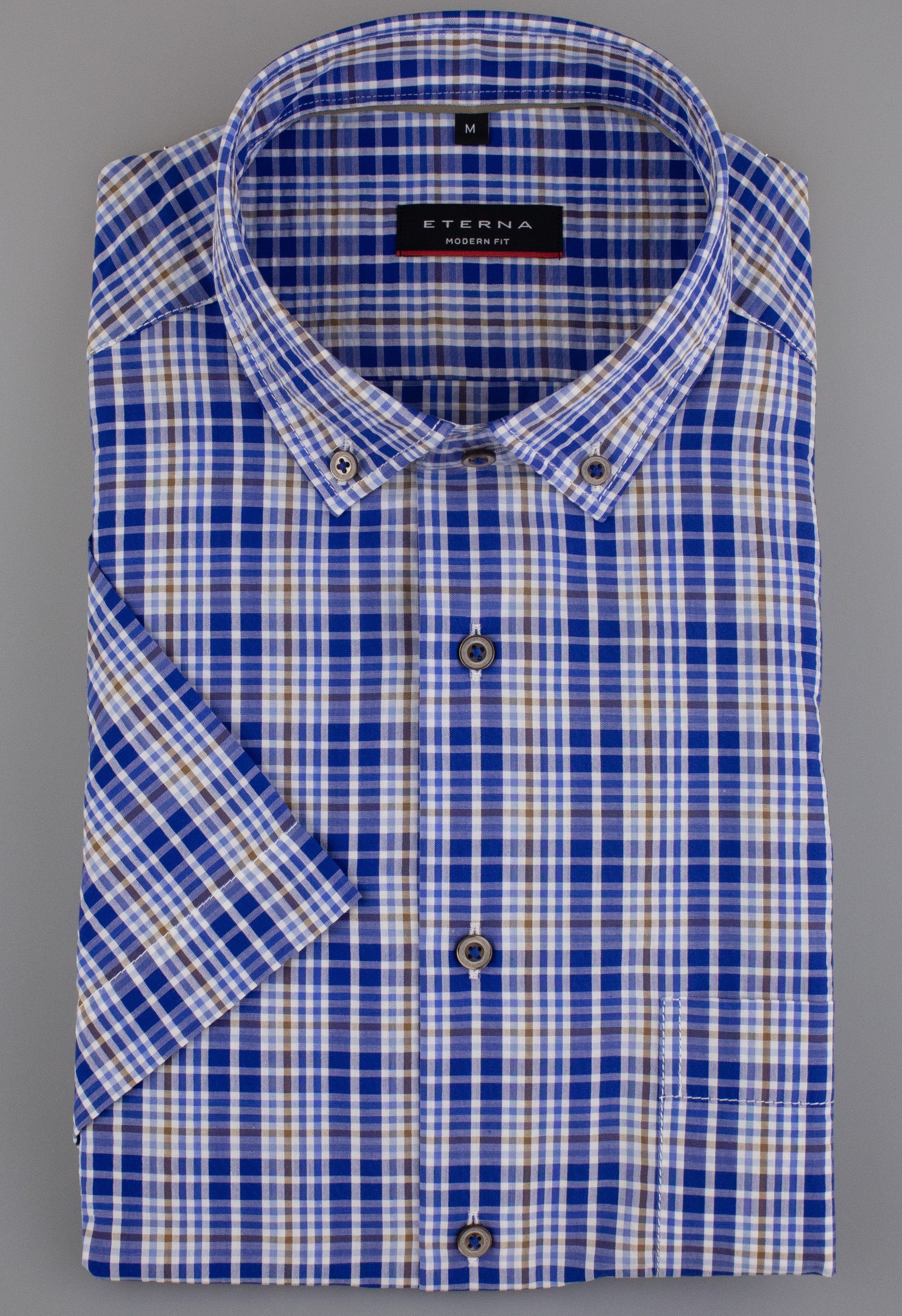 Eterna Klassische Bluse ETERNA MODERN FIT Kurzarm Hemd blau-weiß-sand kariert 2375-16-C29U
