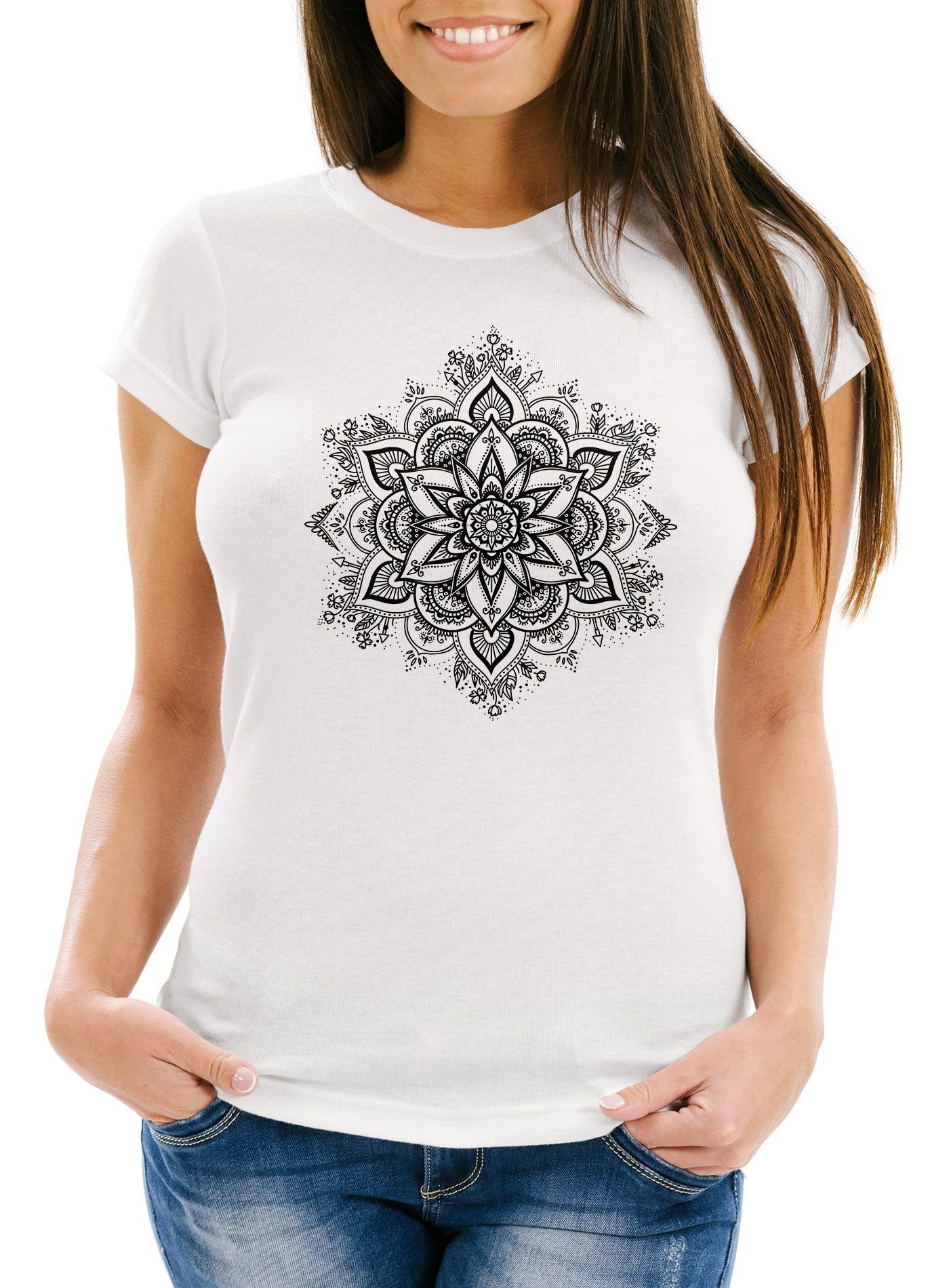 Neverless Print-Shirt Damen T-Shirt Mandala Ornament Bohemian Boho Ethno Slim Fit Neverless® mit Print