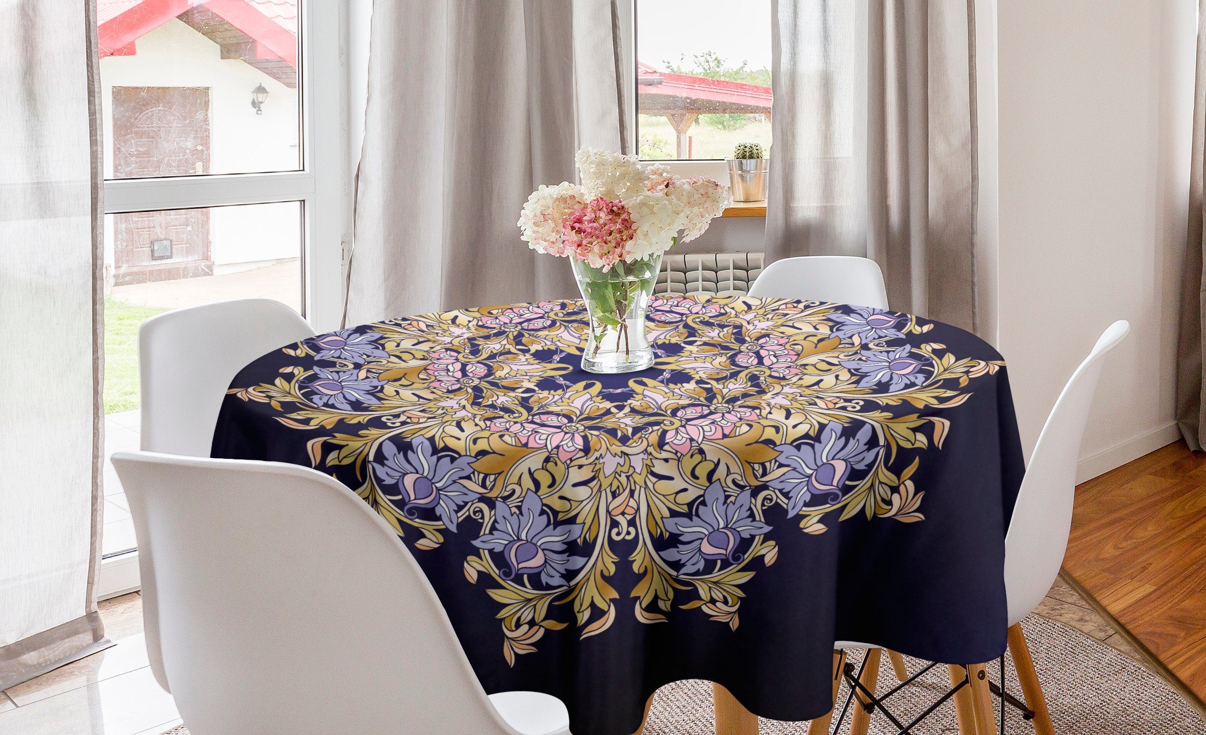 Abakuhaus Tischdecke Kreis Tischdecke Abdeckung für Esszimmer Küche Dekoration, Mandala Vintage Blumen Rokoko