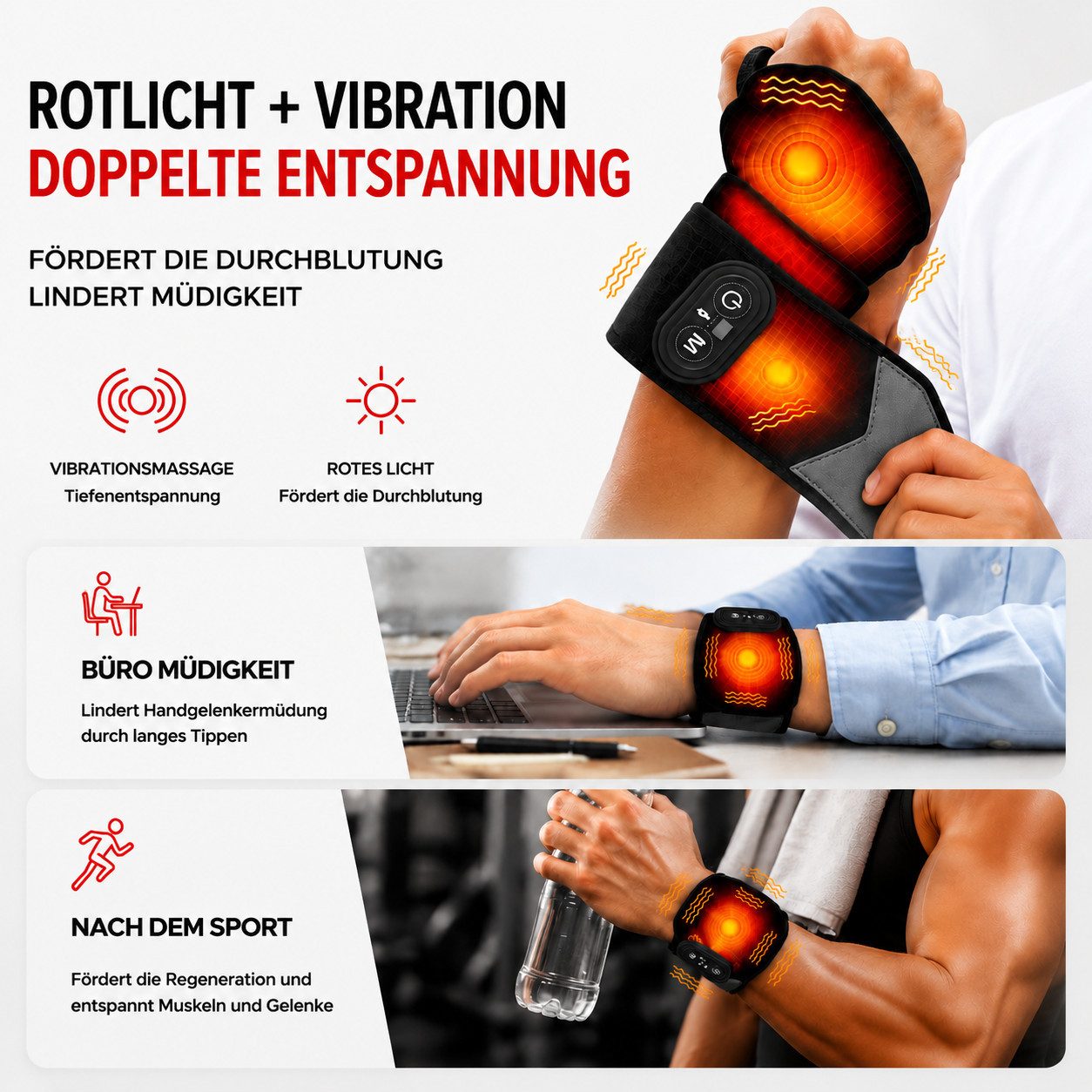 ibettertec Massagegerät Multifunktional Handgelenk Rotlicht massagegerät mit Heizfunktion, 5 Graphene Heizung Ebenen und 3 Vibration Modi,Heizung mit rotem Lich – Bild 3 von 5