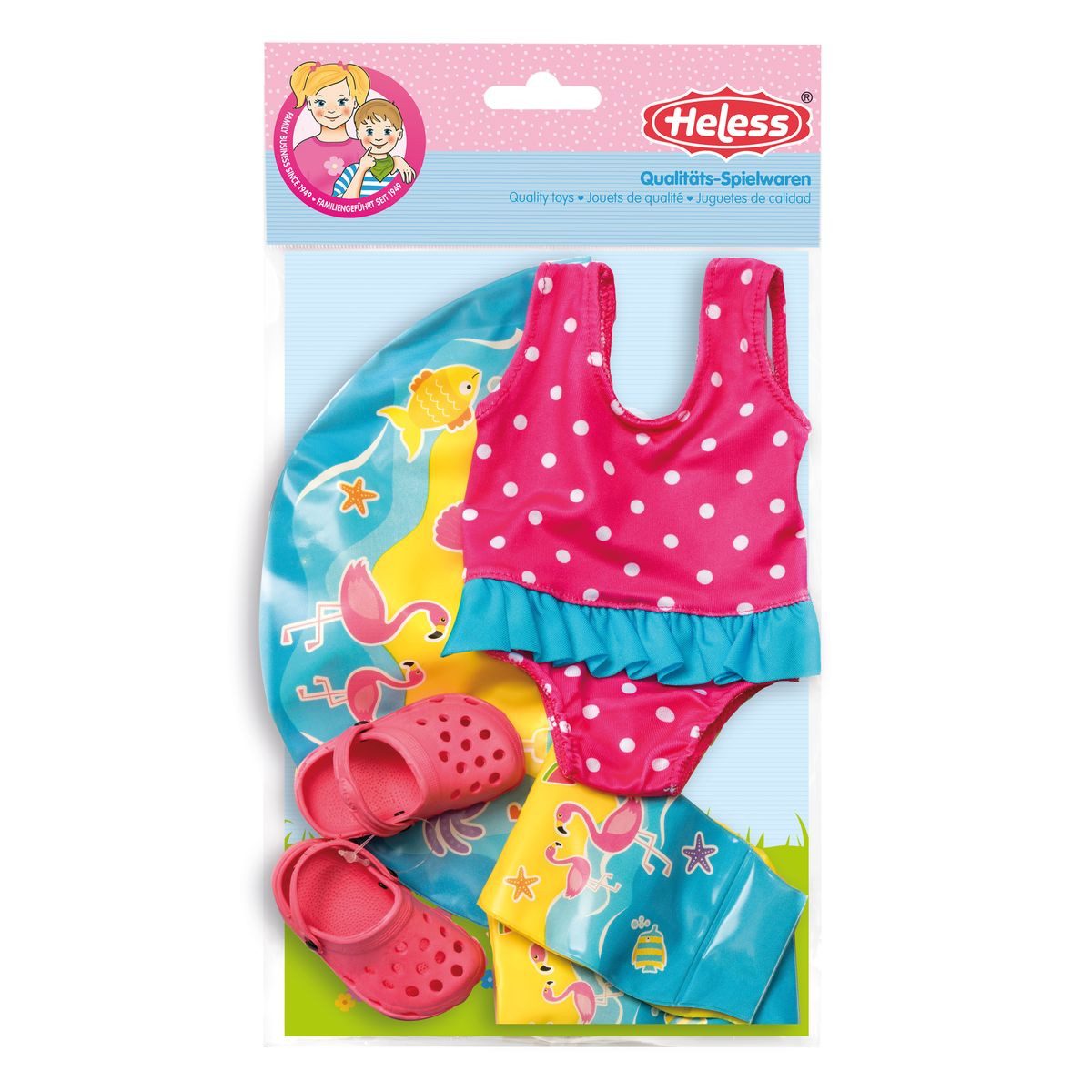 Heless Puppenkleidung Puppen Badeanzug Clogs Schwimmring und Flügel