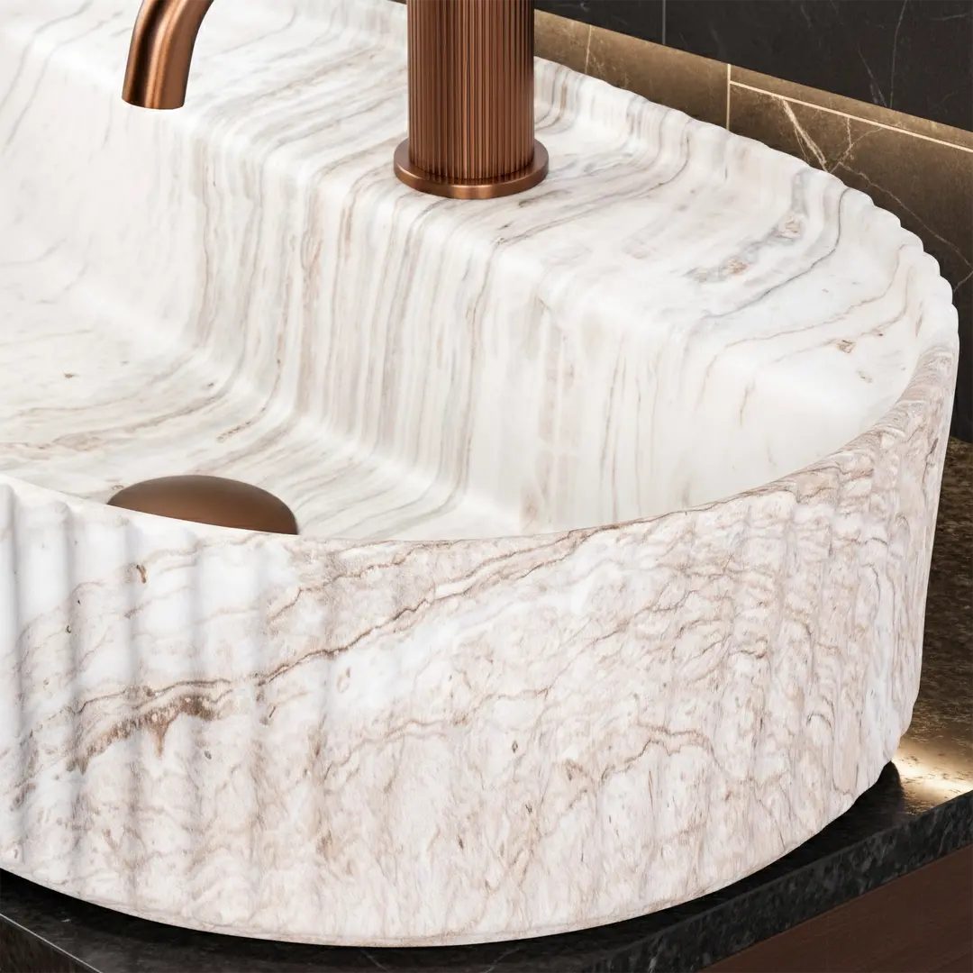 wohnwerk.idee Aufsatzwaschbecken Waschbecken oval geriffelt Keramik Design Waschtisch 50/60 cm – Bild 3 von 5