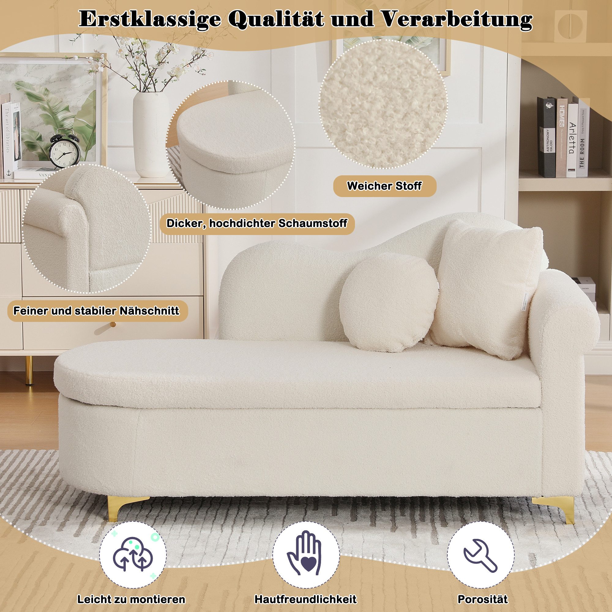 Odikalo Chaiselongue Relaxsessel Freizeitstuhl mit Stauraum & Schlaffunktion, modernes Design wellenförmige Rückenlehne Lammfell-Optik-Stoff hochdichter Sitzkis – Bild 5 von 5