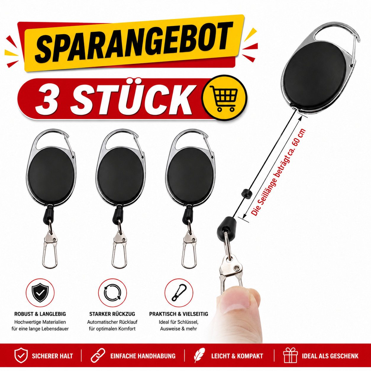Ware aus aller Welt Schlüsselanhänger Set 3er Set Ausziehbare Schlüsselanhänger mit Karabiner 60 cm (3-tlg)