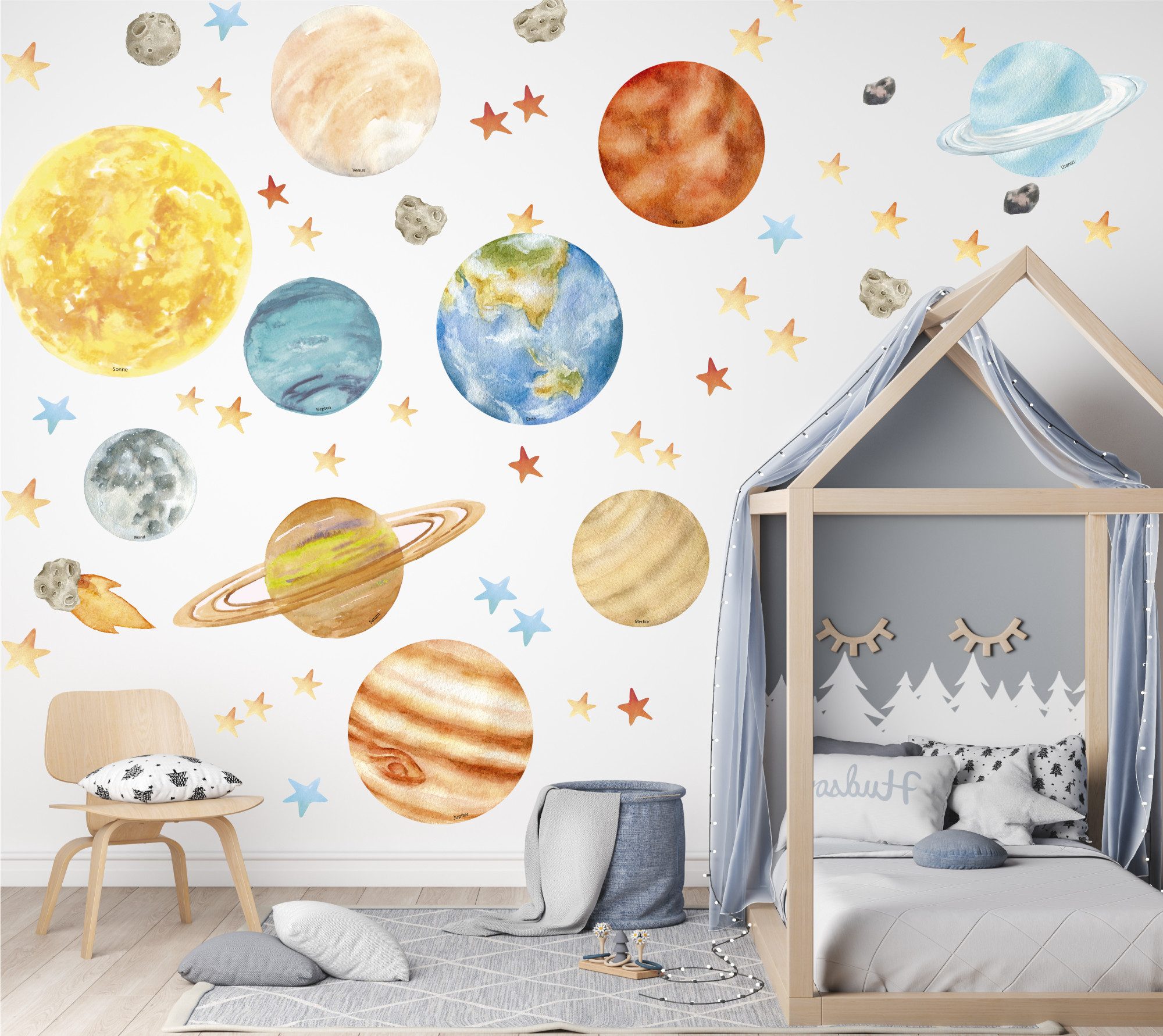 Olli&Elli.design Wandtattoo Sonnensystem und Planeten, beschriftet selbstklebend Asteroid Weltall, Rückstandslos abziehbar, Wasserbasierte Farbe, Selbstklebend