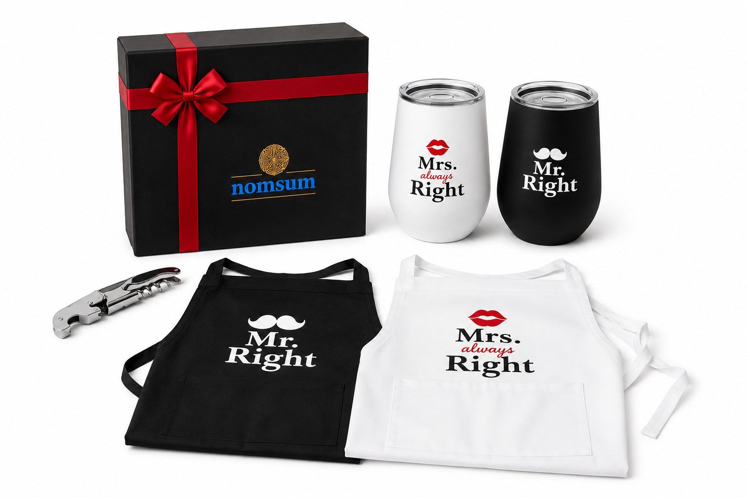 nomsum Kochschürze Mr. Right & Mrs. always Right Geschenkset Das perfekte Geschenk für, (Set bestehend aus 2 Schürzen) – Bild 2 von 3