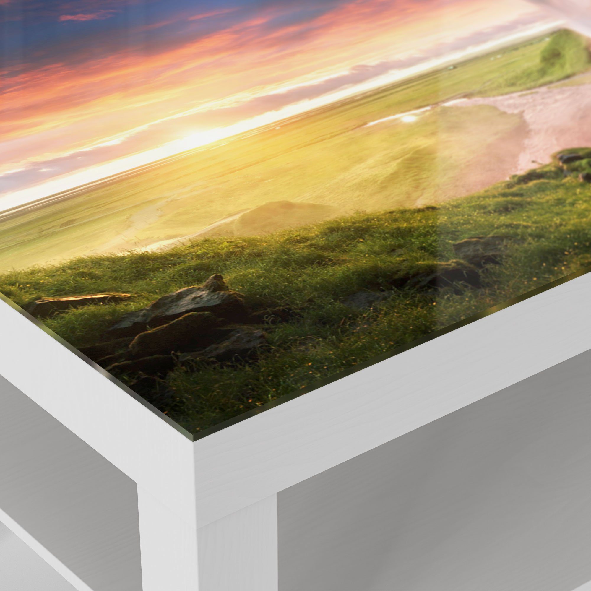 DEQORI Couchtisch 'Seljalandsfoss Wasserfall', modern Beistelltisch Weiß Glas Glastisch