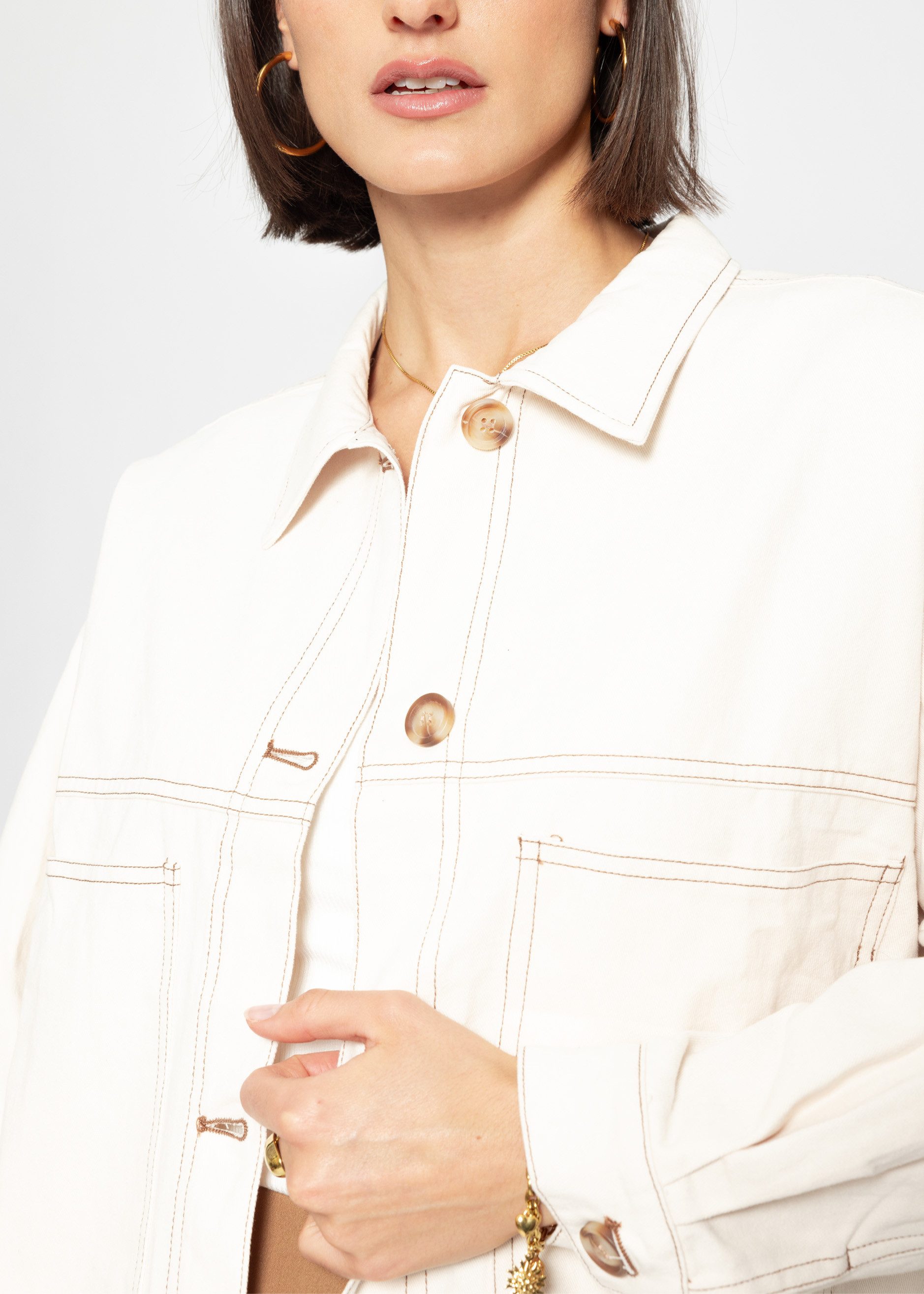 SASSYCLASSY Blusenjacke Oversized Blusenjacke aus Baumwolle Damen Lässige Baumwoll-Übergangsjacke mit großen Taschen und Kontrastnähten