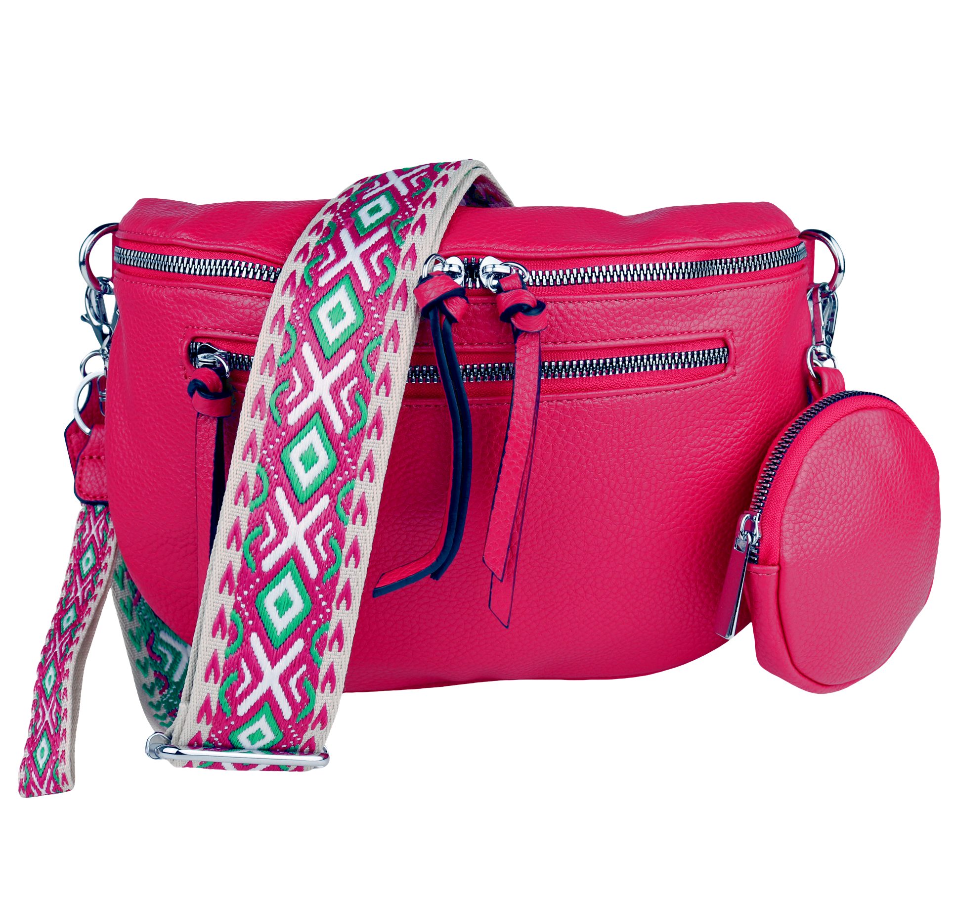 Fuchsia Crossbody und verstellbaren Umhängetasche, Leder Bauchtasche Schulterriemen MIRROSI jeden gemusterten& (Schultertasche (dazu Bag, 1x für Damen 1x Taschen, Veganes 30x20x9cm Schlüsselband Bohemian Anlass, Brusttasche, Münzenbeutel),