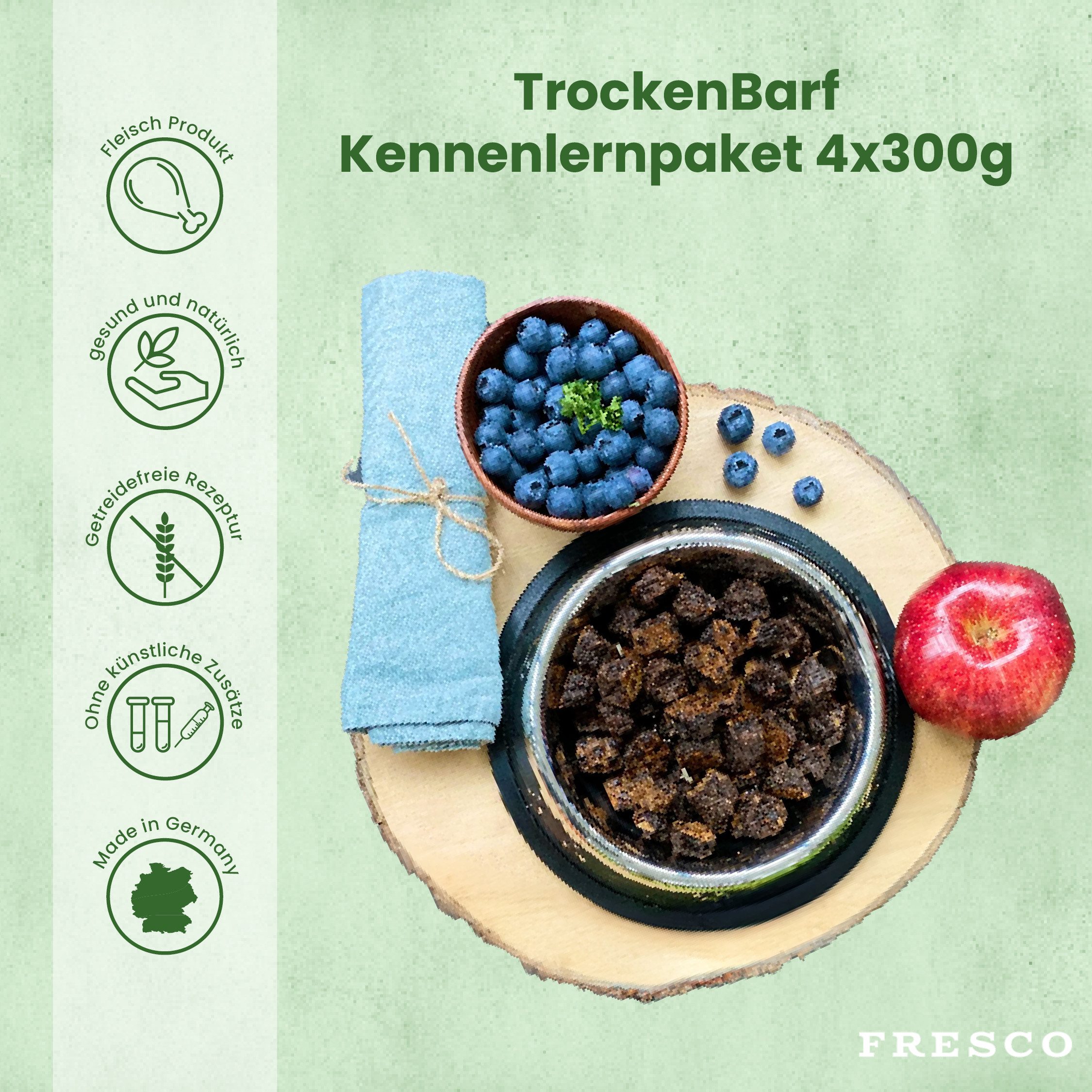 Fresco Dog TrockenBarf PROBIERPAKET Hundefutter Trocken, 4 x 300g, Trockenfutter für: Hunde, Getreidefrei mit je 80% Pferd, Huhn, Rind oder Lamm