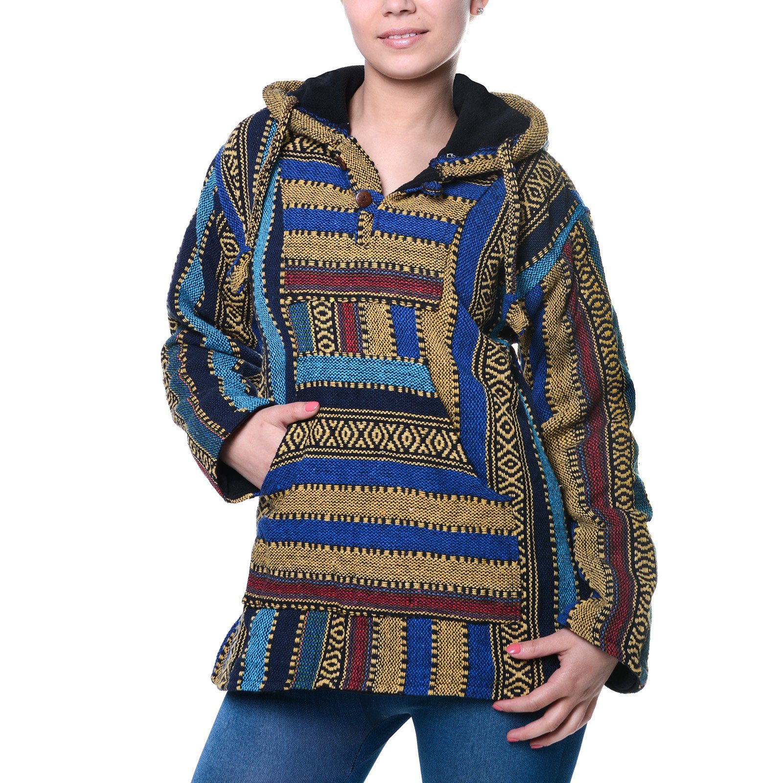 KUNST UND MAGIE Kapuzensweatshirt Sweatshirt Baja Jerga Nepal Kapuze und Poncho+Fleecefutter Magie Kunst Blau / Türkis