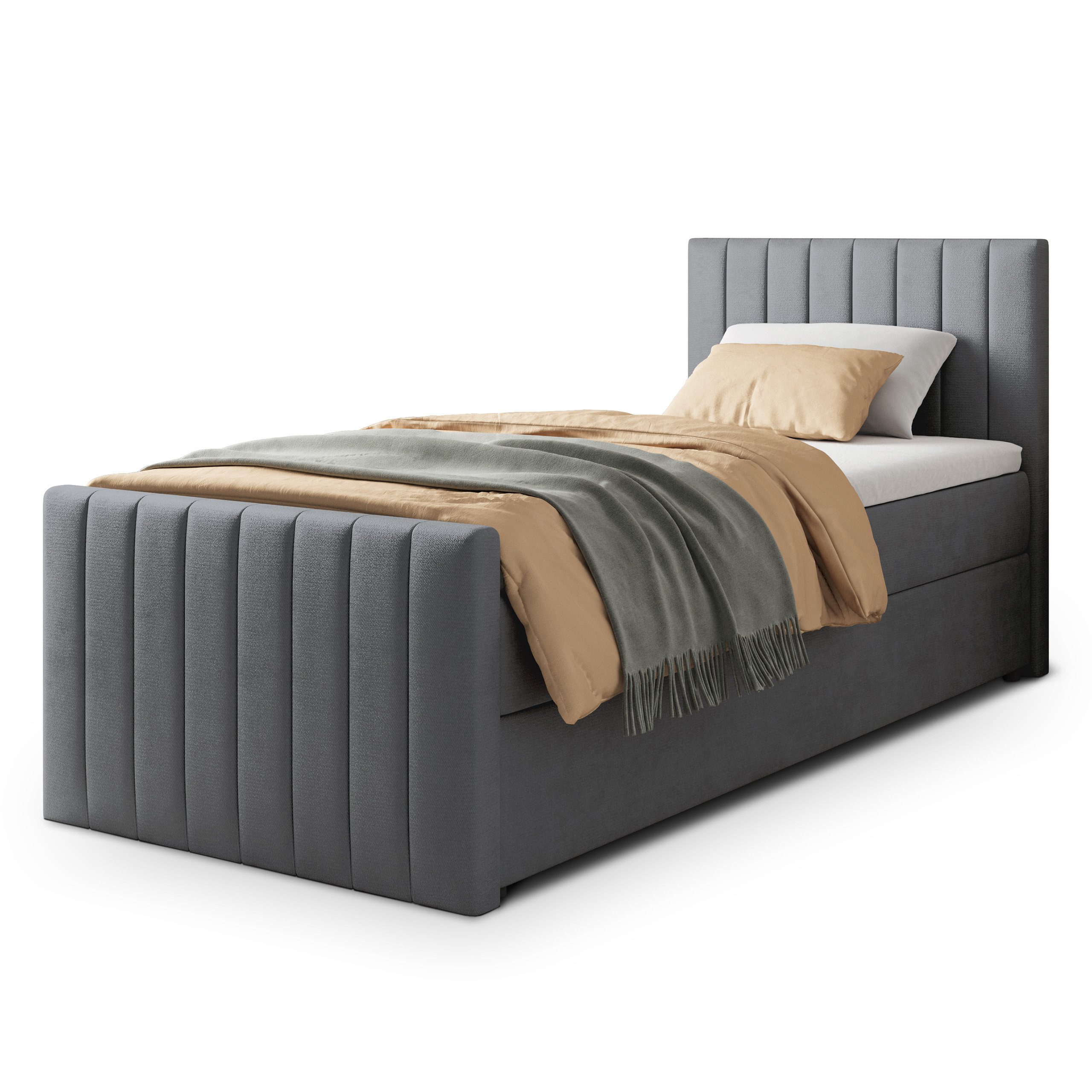 Masseno Boxbett ARION 100x200 cm mit Bonell Matratze und Topper, Einzelbett, Jugendbett, Polsterbett mit Kopfteil, Boxspringbett
