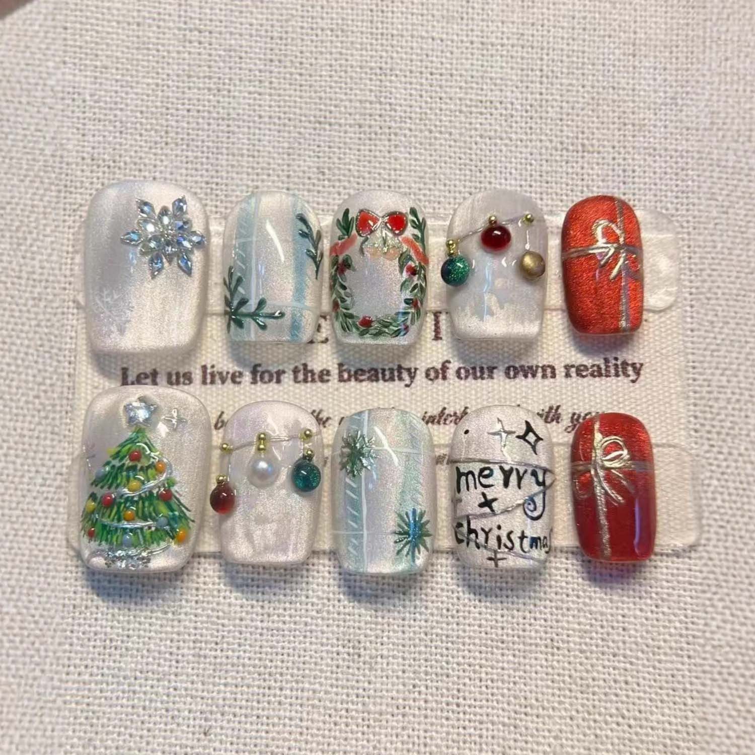 trends for living Kunstfingernägel 30 weihnachtliche Nageldesigns mit vergoldetem Katzenaugen-Design, 30-tlg., 3D-Schneeflocken-Weihnachtsbaum-Motiv