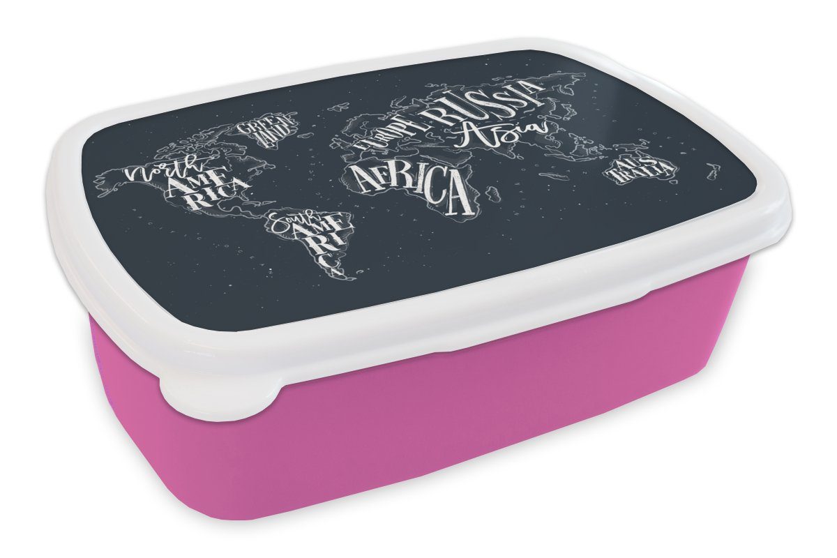 MuchoWow Lunchbox Weltkarte - Schwarz - Weiß - Buchstaben, Kunststoff, (2-tlg), Brotbox für Erwachsene, Brotdose Kinder, Snackbox, Mädchen, Kunststoff rosa