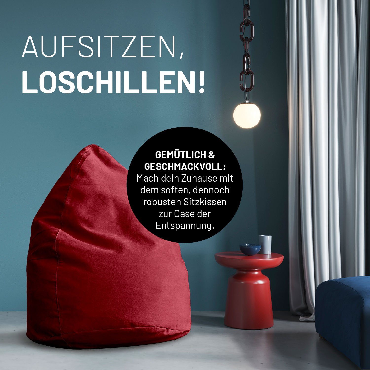 Lumaland Sitzsack Luxury weich robust 60x45cm, Sitzkissen rot 120L Bag waschbar Microvelours Bean XL Bodenkissen