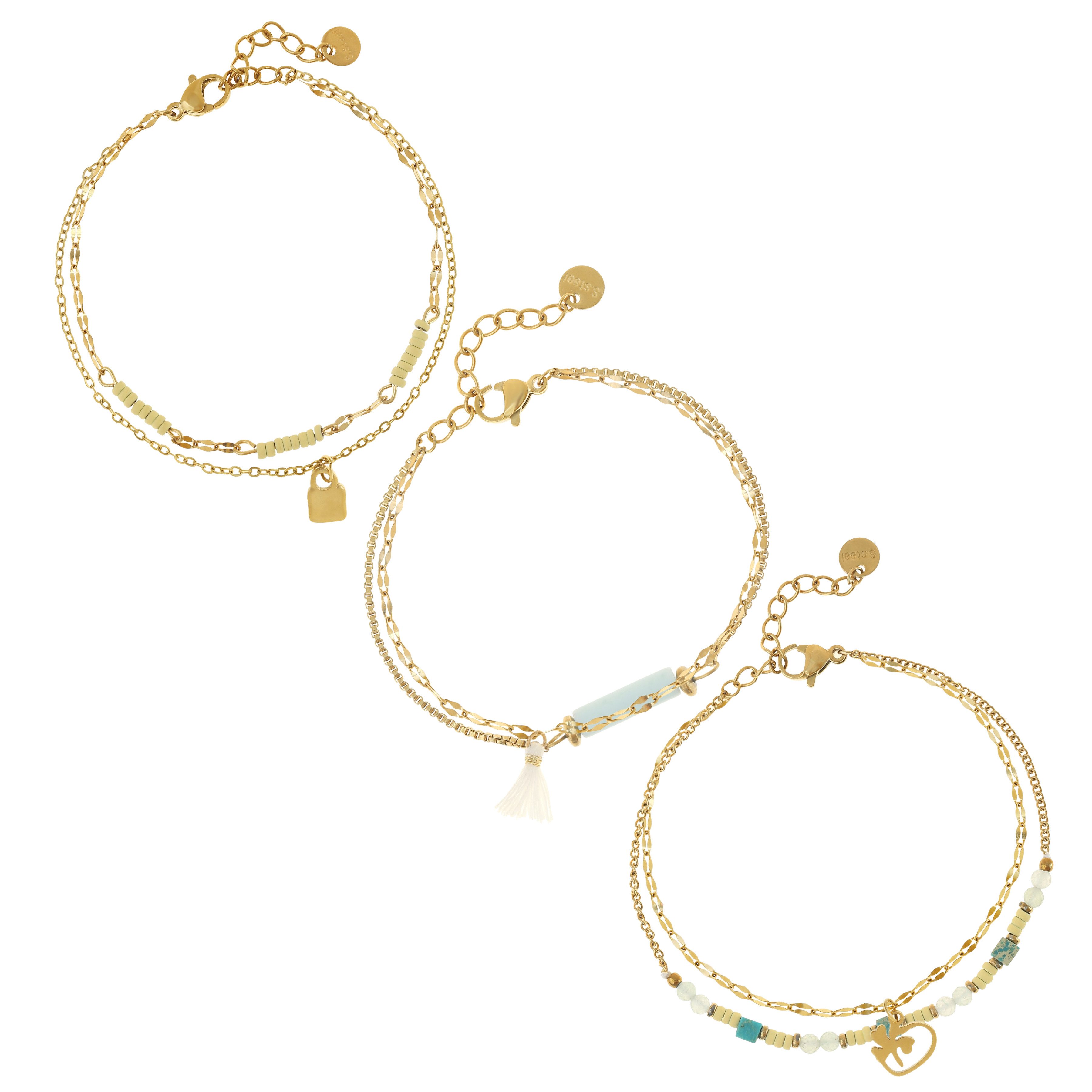 Armband Set Zweireihiges Damen Armband goldfarben Perlen Anhänger verstellbar