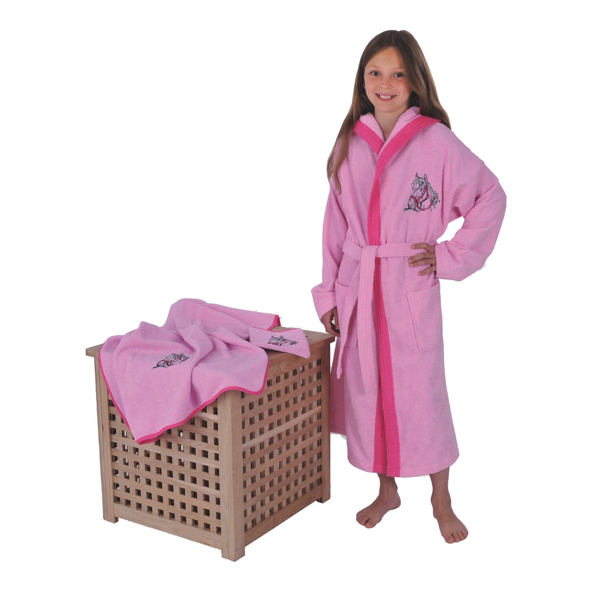 Wörner Kinderbademantel Bademantel Pferd rosa, Langform, Baumwoll-Webfrottier, Kapuze
