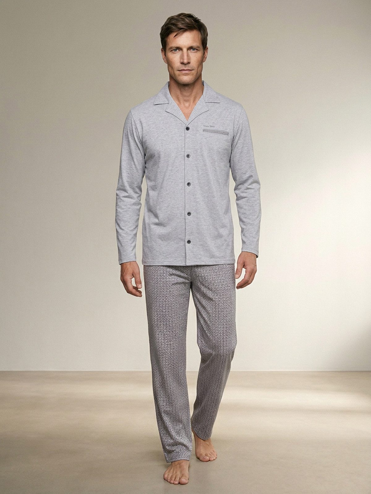 Henry Terre Pyjama Kent langarm - Hose dezenter Print Shirt uni Hemdkragen durchgeknöpft